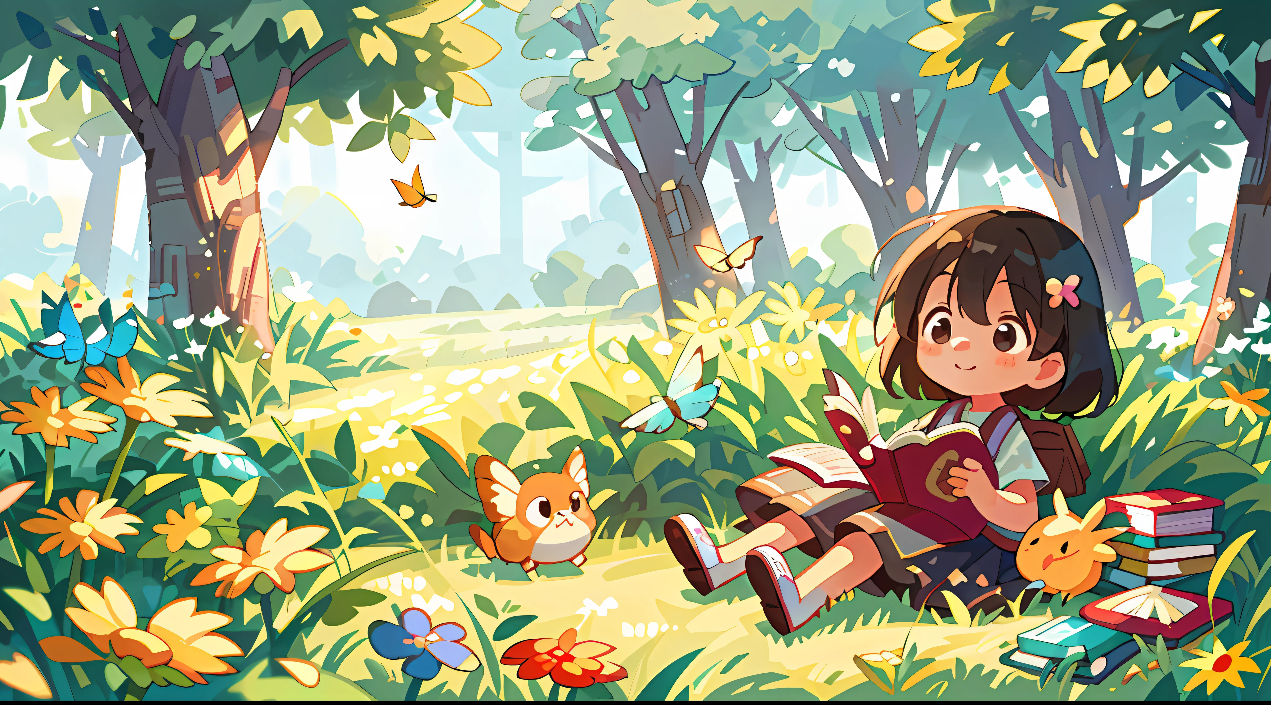 High Detail, Ultra Detail, 8K, Ultra High Resolution A cute and innocent girl, child, toddler, reading a book and enjoying her time in the open field, surrounded by the beauty of nature, warm sun sprinkling on her, wildflowers gently swaying in the breeze. Butterflies and birds flutter around her, adding to the playful atmosphere, surrounded by books