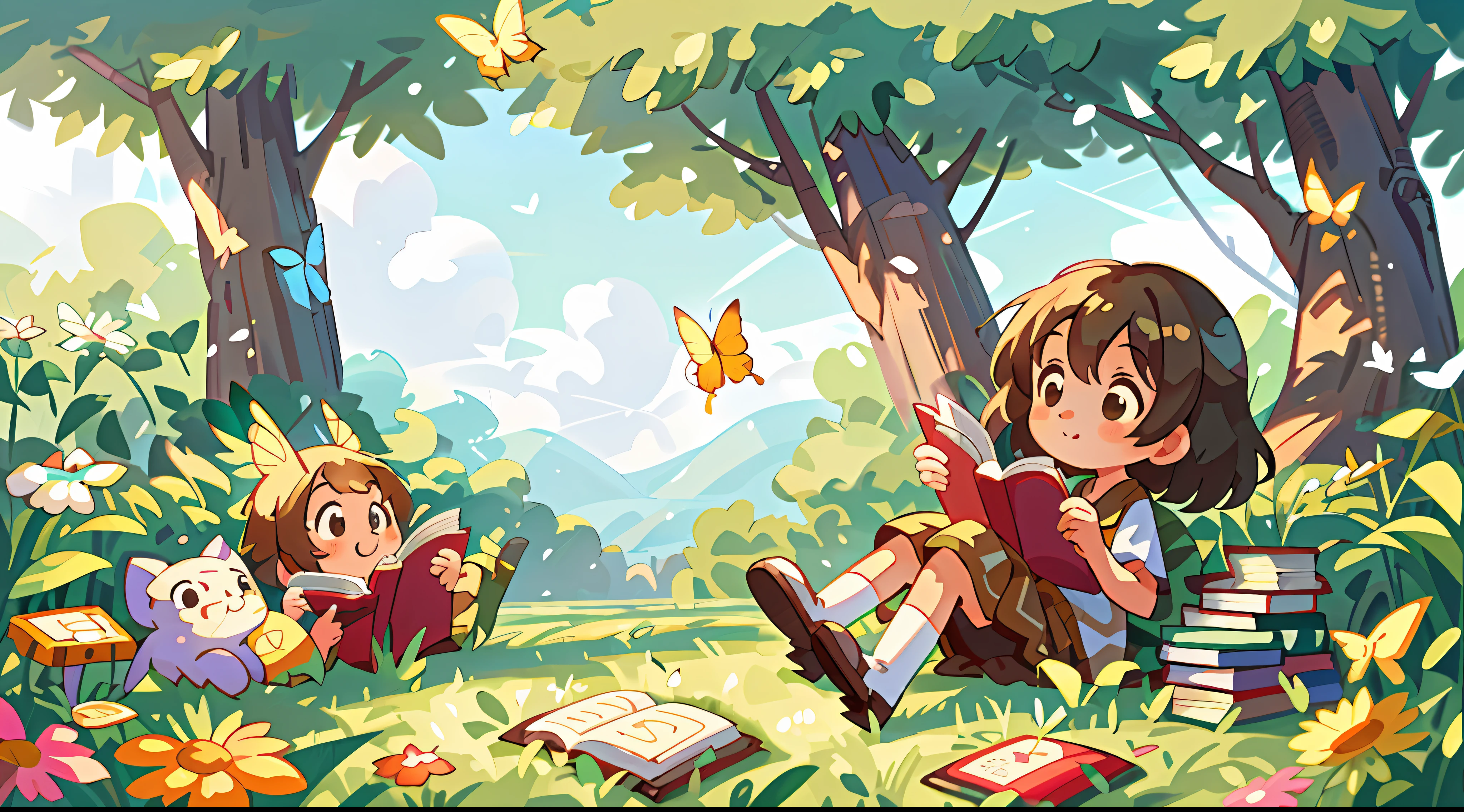 High Detail, Ultra Detail, 8K, Ultra High Resolution A cute and innocent girl, child, toddler, reading a book and enjoying her time in the open field, surrounded by the beauty of nature, warm sun sprinkling on her, wildflowers gently swaying in the breeze. Butterflies and birds flutter around her, adding to the playful atmosphere, surrounded by books