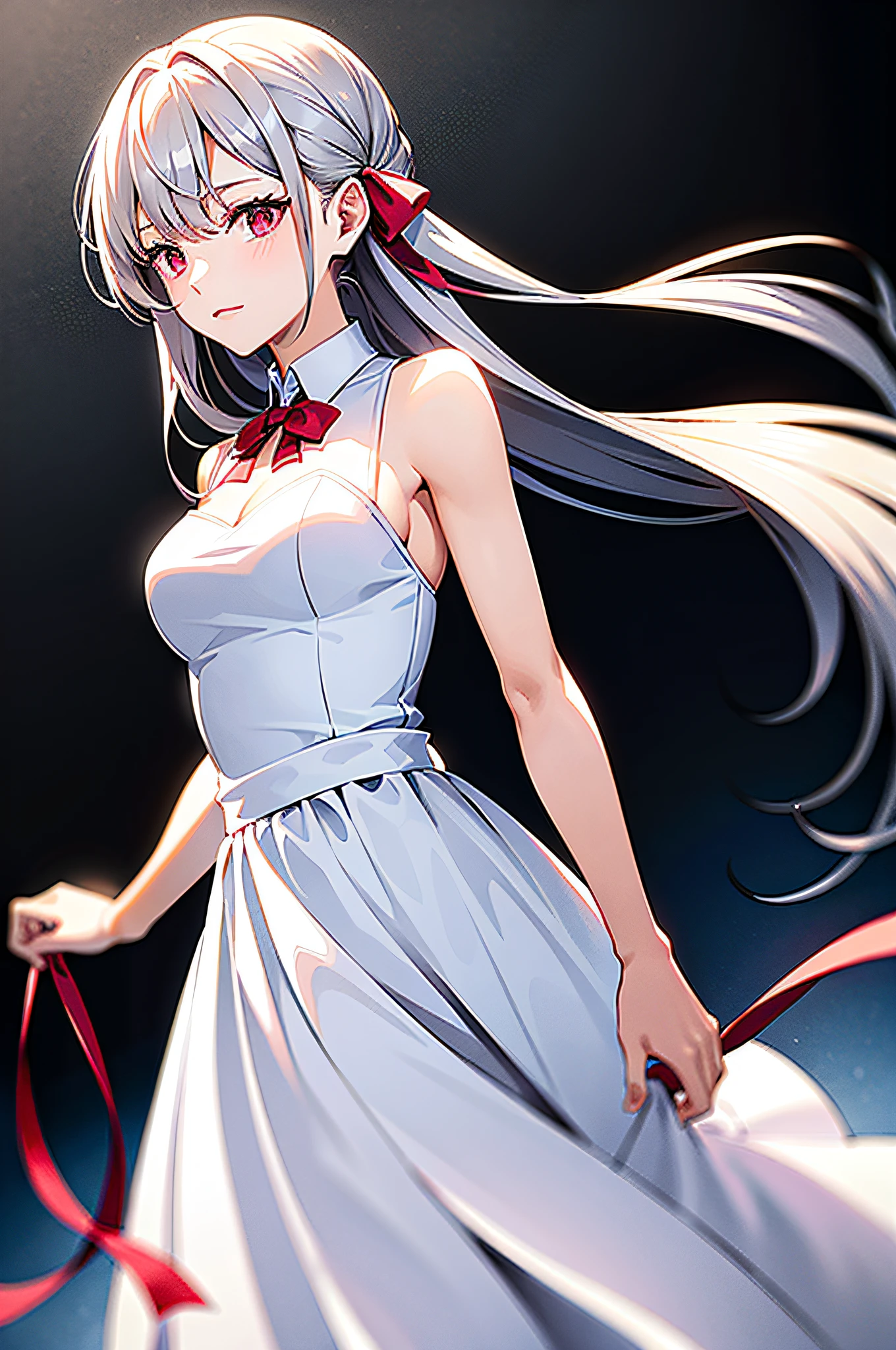 A woman in a white dress with a red ribbon around her waist and a black tie around her neck