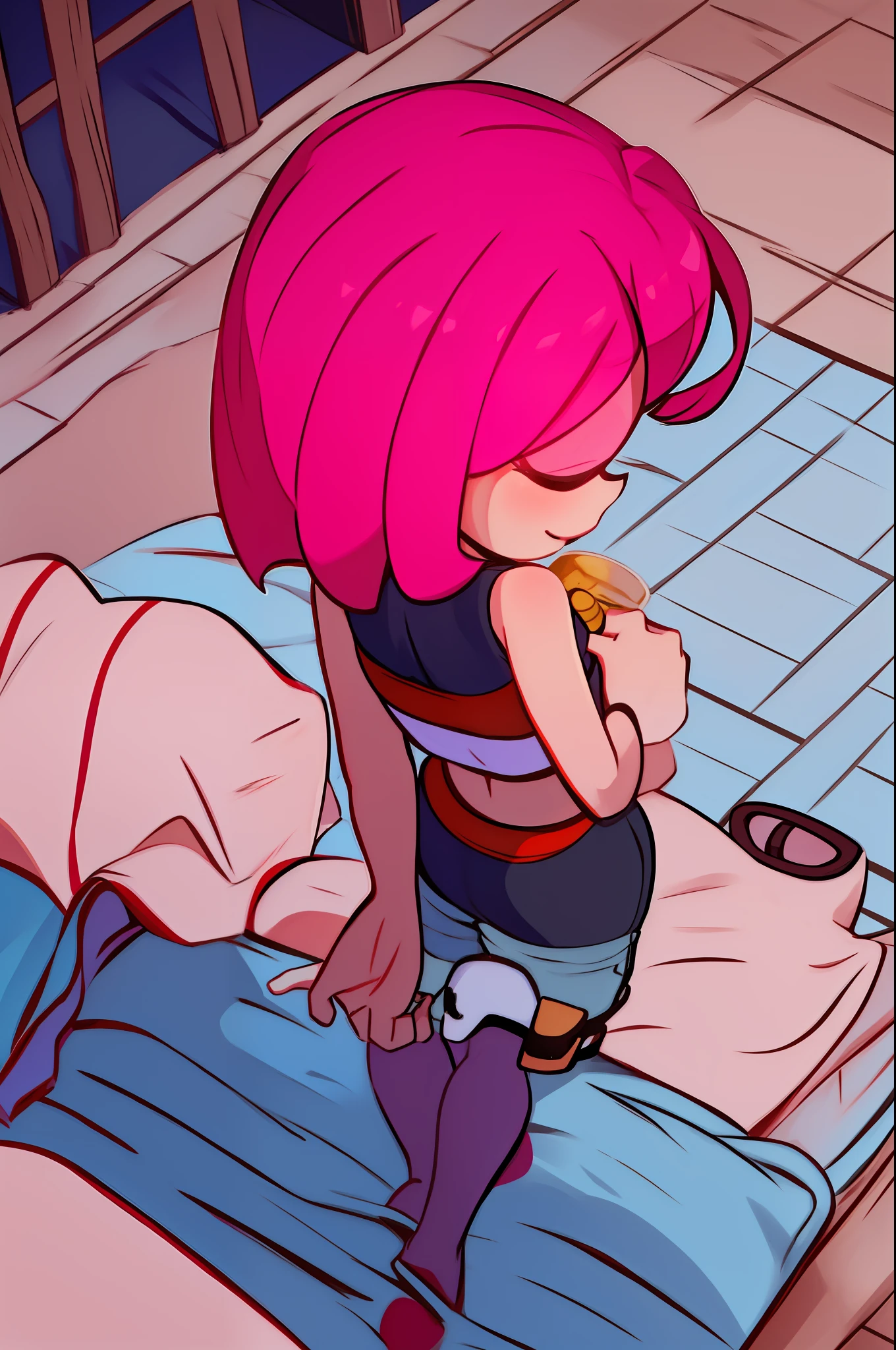hd, delicious, character, pink hair, short hair, hot pants, high fork swimsuit, sleep, cool, beautiful, happy