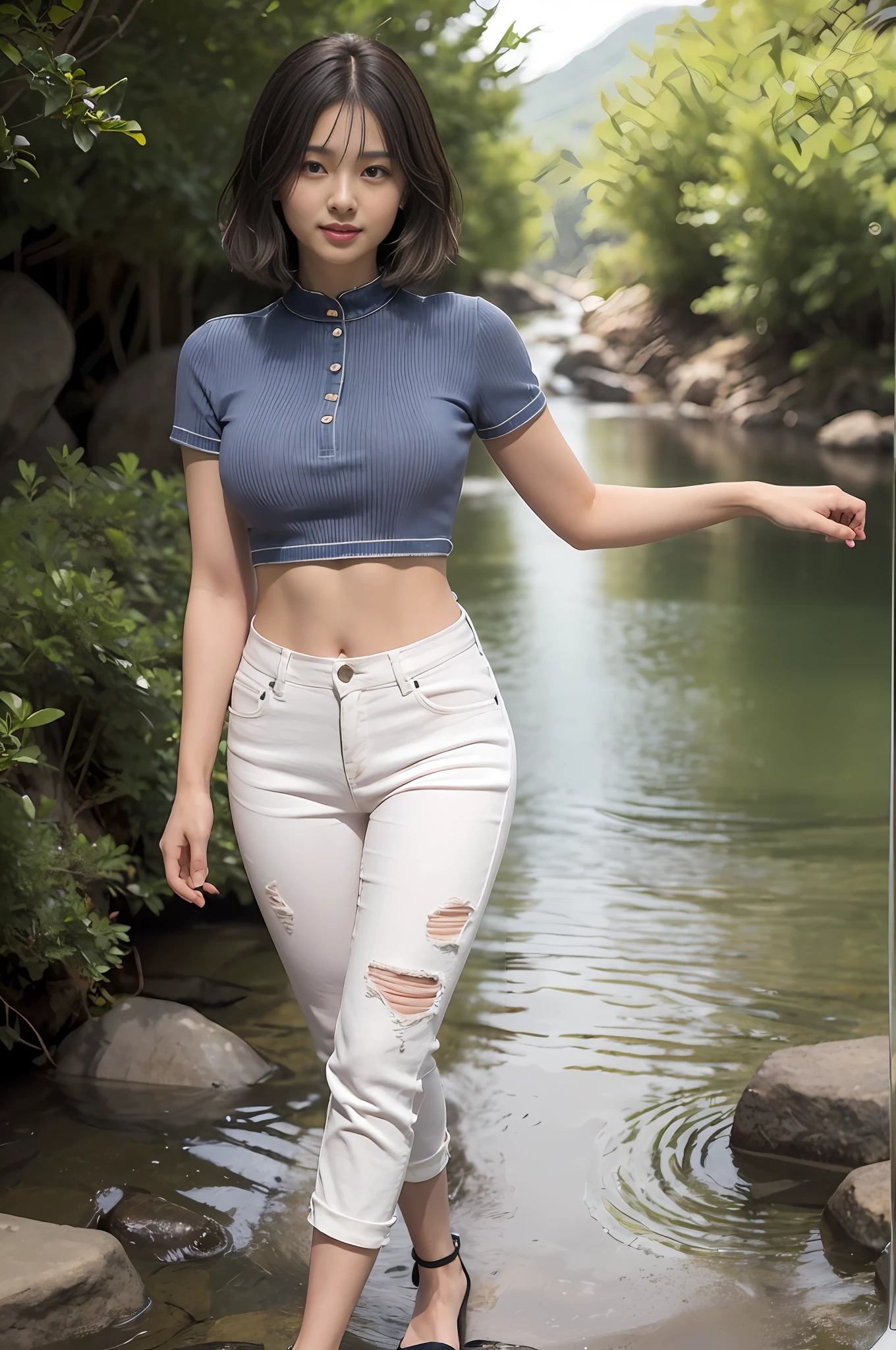 Realistic, photorealistic, 8k HD, masterpiece: 1.5, Allard Asian woman in crop top tight long jeans and blue-gray short sleeves, background: 1.5 (foot of the mountain, by the stream, posing), cute schoolgirl, slim and perfect, (bobo head, fashionable mid-point fluffy short straight hair: 1.2), Japanese 18 year old girl, wearing long skinny jeans, wearing ripped tight long jeans (low waist crop top, micro-flared, trousers: 1.5), (ripped : 0.6), (branded jeans: 1.5, realistically detailed jeans texture and stripes: 0.8, realistic detailed jeans graininess: 0.8), wearing blue-gray tight short sleeves (brand: 1.5, slim, realistic clothing texture: 1.5), wearing stiletto sandals (brand: 1.5, stiletto: 0.8, thin strap: 0.8, white thin band), surreal schoolgirl, dressed as a schoolgirl, surreal schoolgirl, realistic schoolgirl, walking, schoolgirl posing, model pose, shooting full body ((full body: 1.5)) , beautiful skin, glowing skin, beautiful thighs, perfect thighs, perfect calves, white and tender toes, beautiful breasts: 1.5, beautiful breasts: 1.5, beautiful buttocks: 1.5, best quality, white skin, real skin, (detail face), goose egg face, pores, super resolution, (8k, raw photo, photorealistic: 1.4), 1girl, slim, (smile, show teeth:1.2, look at the audience with a serene goddess-like look happiness:1.2), ( fashionable mid-point fluffy short straight hair: 1.2, lip gloss, eyelashes, glossy face, best quality, ultra-high resolution, wide lighting, natural shadows), ((fair pink toes: 1.5, stilet strap sandals: 1.5))), shoot full body (1.5) --auto --s2