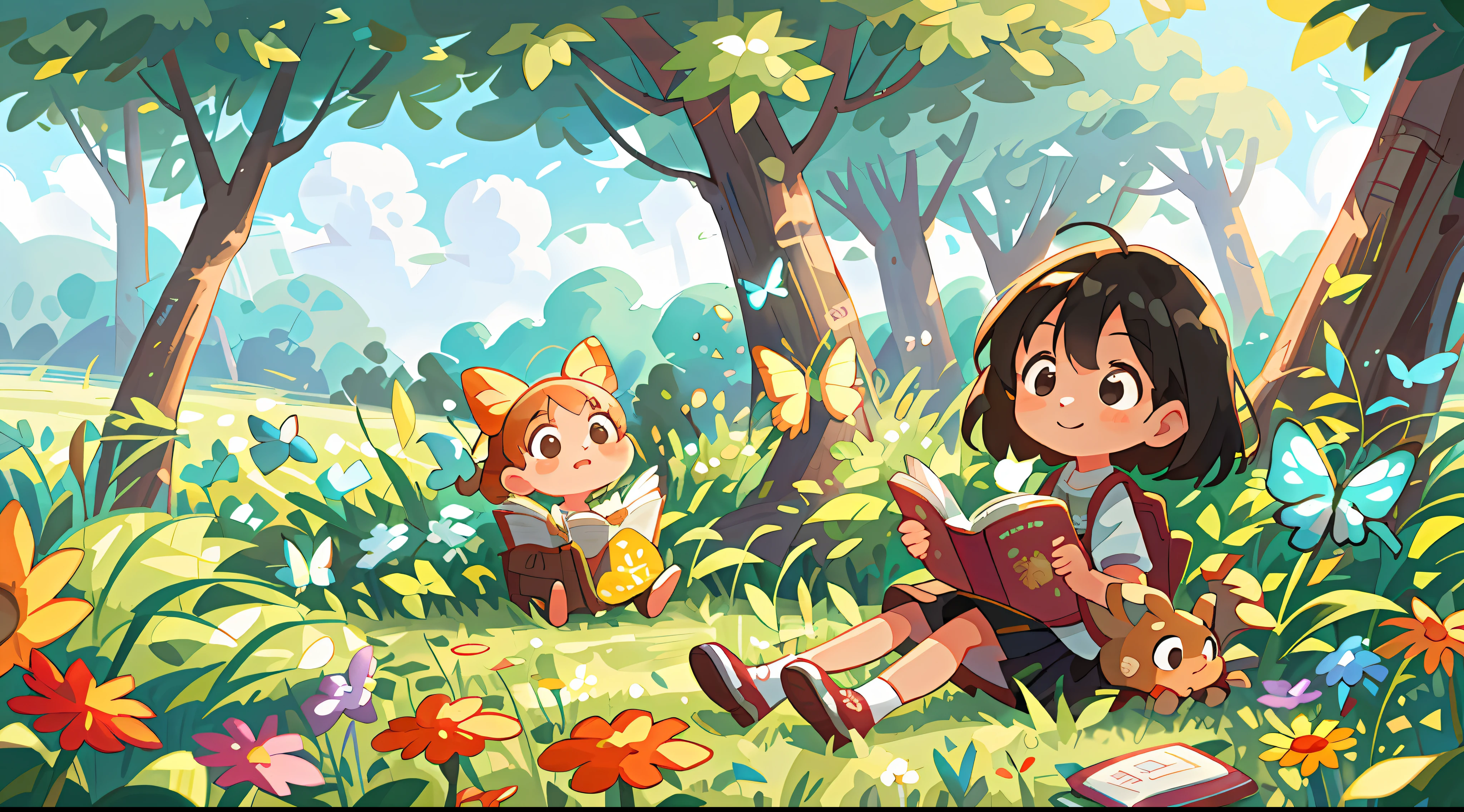 High Detail, Ultra Detail, 8K, Ultra High Resolution A cute and innocent girl, toddlerreading a book and enjoying her time in the open field, surrounded by the beauty of nature, warm sun sprinkling on her, wildflowers gently swaying in the breeze. Butterflies and birds flutter around her, adding to the playful atmosphere, surrounded by books