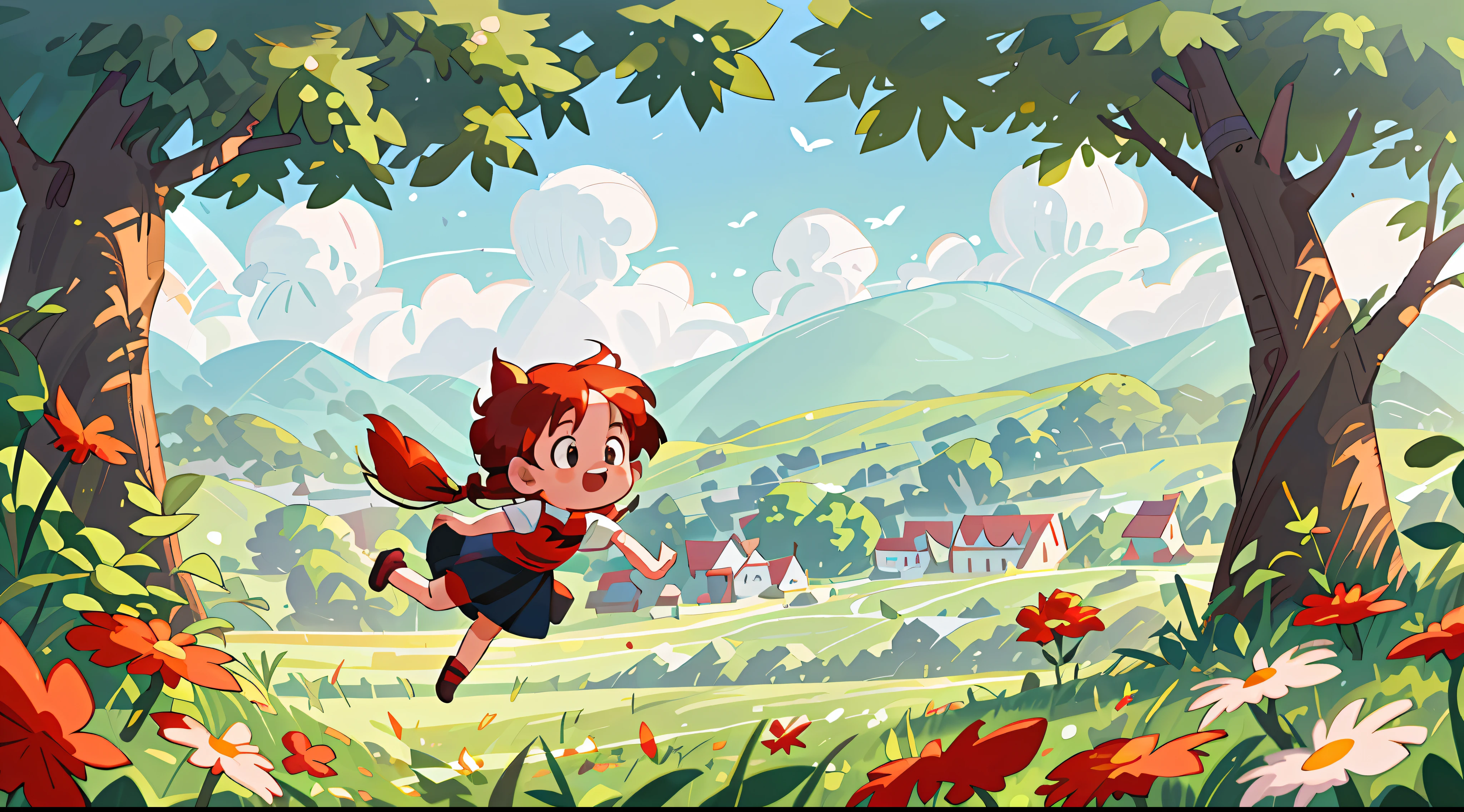 High Detail, Ultra Detail, 8K, Ultra High Resolution, Kiki, from Kiki's Delivery Service, child, toddler, enjoying her time in the open field, surrounded by the beauty of nature and books, warm sun sprinkling on her, wildflowers gently swaying in the breeze. Butterflies and birds flutter around her, adding to the playful atmosphere, red hair tie