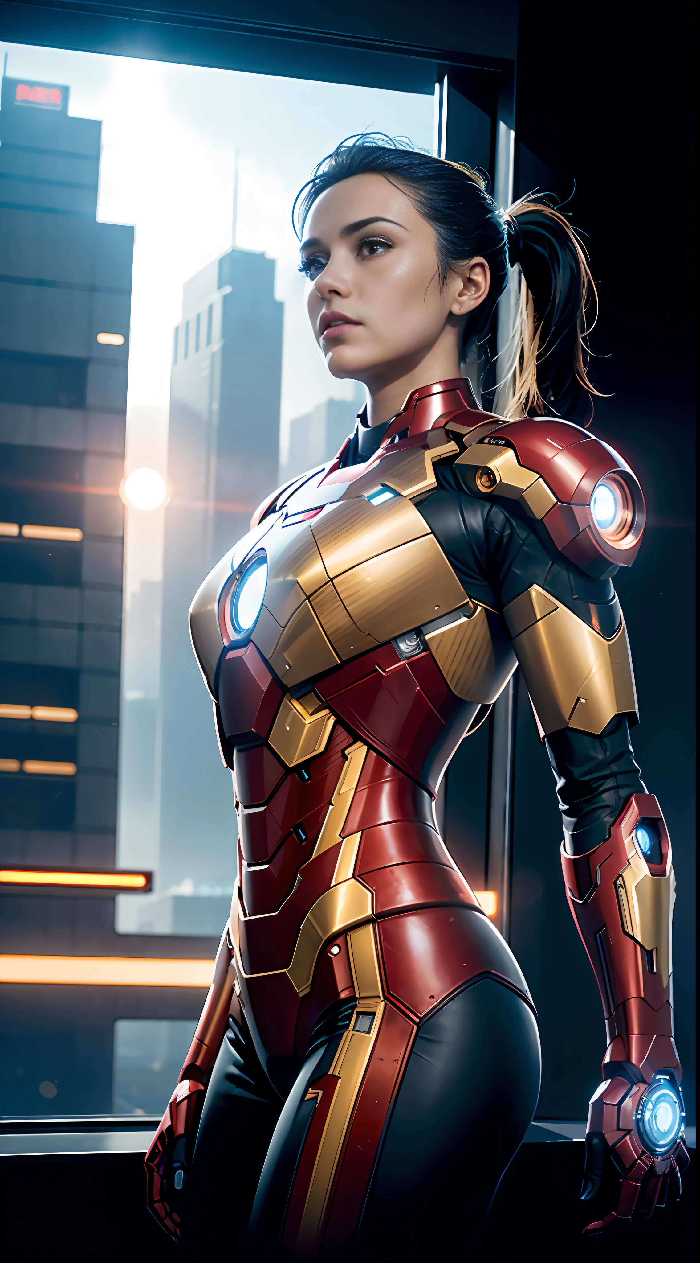(1girl:1.3), solo, __body-parts__, official art, unified 8k wallpaper, super detailed, beautiful and aesthetic, beautiful, masterpiece, best quality, raw, masterpiece, super fine photo, best quality, super high resolution, photorealistic photorealism, sunlight, full body portrait, front image, amazing beauty, dynamic pose, delicate face, vibrant eyes, (from the side), she is wearing futuristic Iron Man mech, red and gold color scheme, cyberpunk background, Detailed face, detailed complex busy background, messy, gorgeous, milky white, highly detailed skin, realistic skin details, visible pores, sharp focus, volumetric fog, plump chest, double ponytail, 8k uhd, DSLR, high quality, film grain, fair skin, photo realism, lomography, huge metropolis in future dystopia, seen from below, translucent