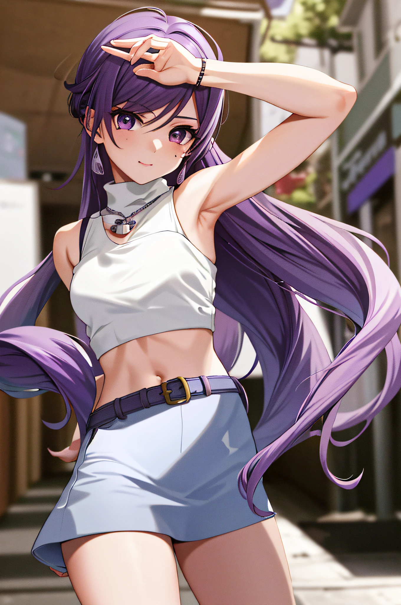 masterpiece, best quality, high resolution, HMCA1, long hair, purple hair, moles under the eyes, crop top, chest, sleeveless turtleneck sweater, sweater, white skirt, street, denim shooting, walking,