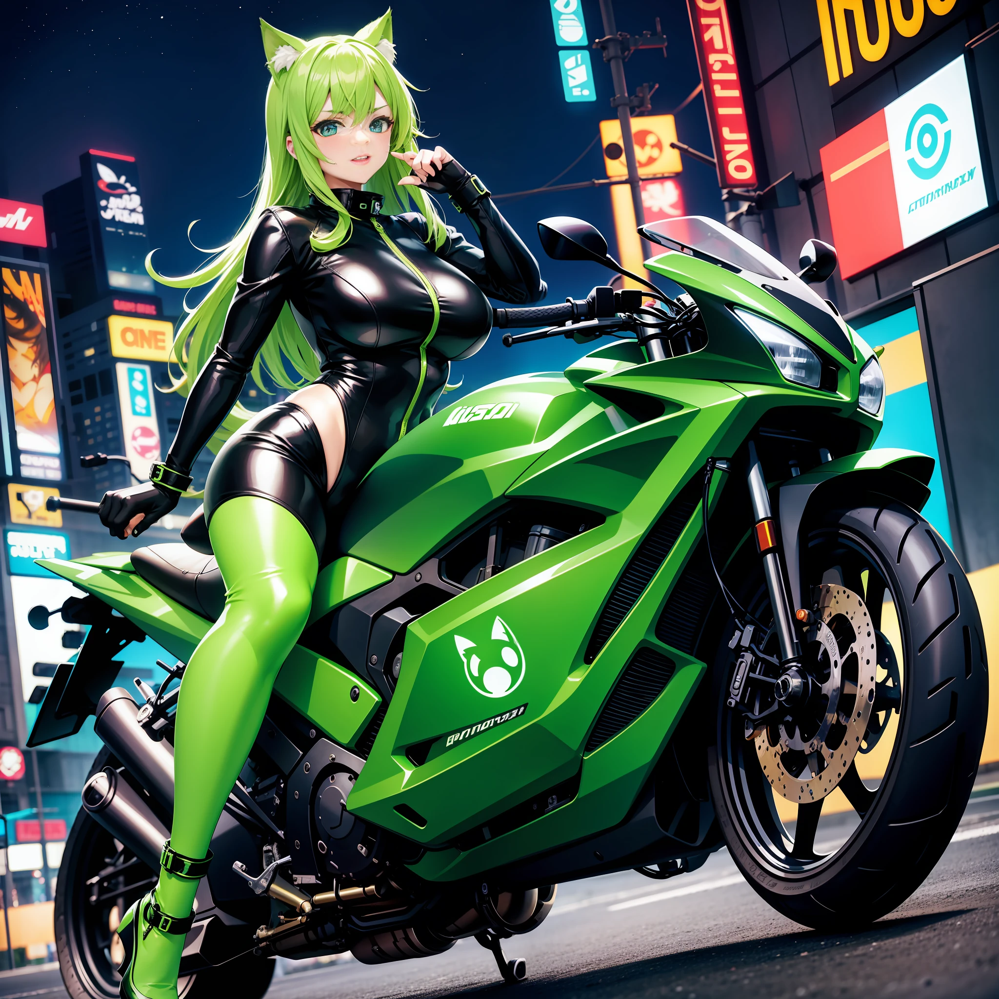 Anime style, big, Catgirl in a bright green catsuit, Motorcycle in a city rides, Neon lights, Night, Street