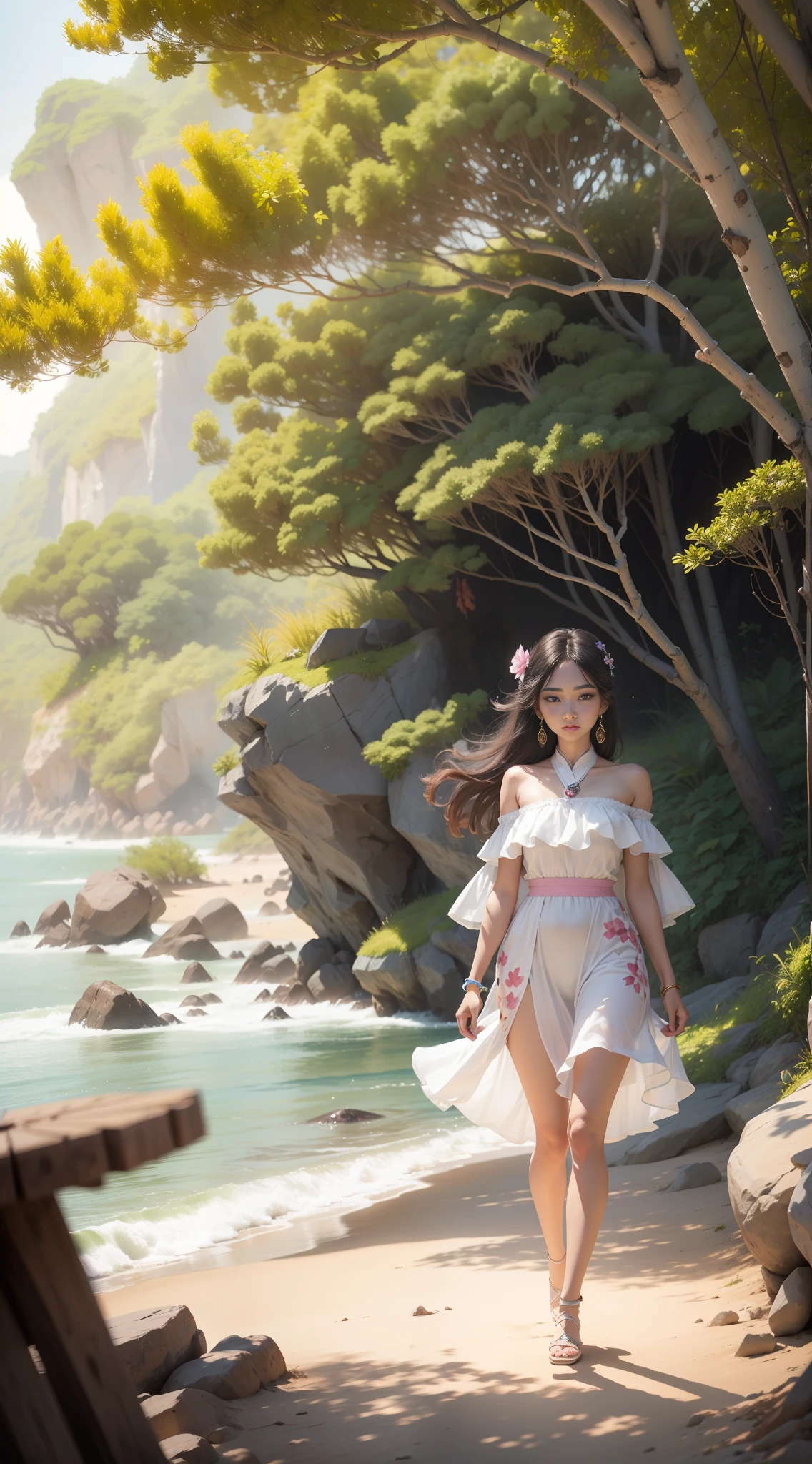 1girl, surreal beautiful young woman, Arakfi woman in colorful dress walking on the beach, standing on Baiyun wonderland, beautiful Korean young woman, ethereal beauty, beautiful young wind spirit, clear face, pointed chin, big eyes, realism, cinematic lighting, ray tracing, optical illusion, lens flare, 120mm, f/1.2, sony fe gm, ultra hd, retina, masterpiece, best quality