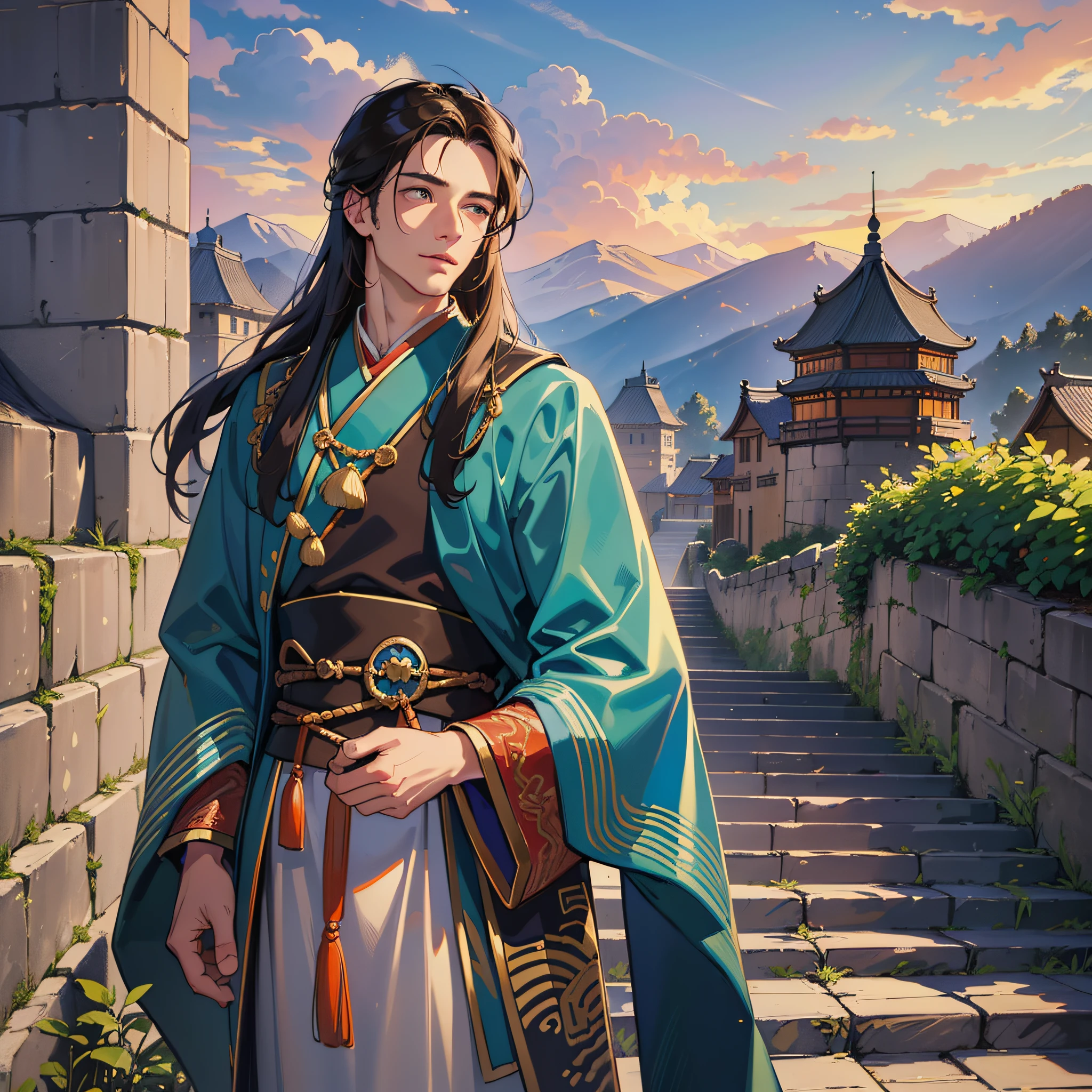 masterpiece, high quality, best quality, beautiful, hd, realistic, perfect lighting, detailed face, detailed body, ((1 man: 30 years old)), ((man standing on the city wall looking into the distance)), sunset, shawl distribution, Tang dynasty clothing, (Tang dynasty, ancient China), ancient city wall background