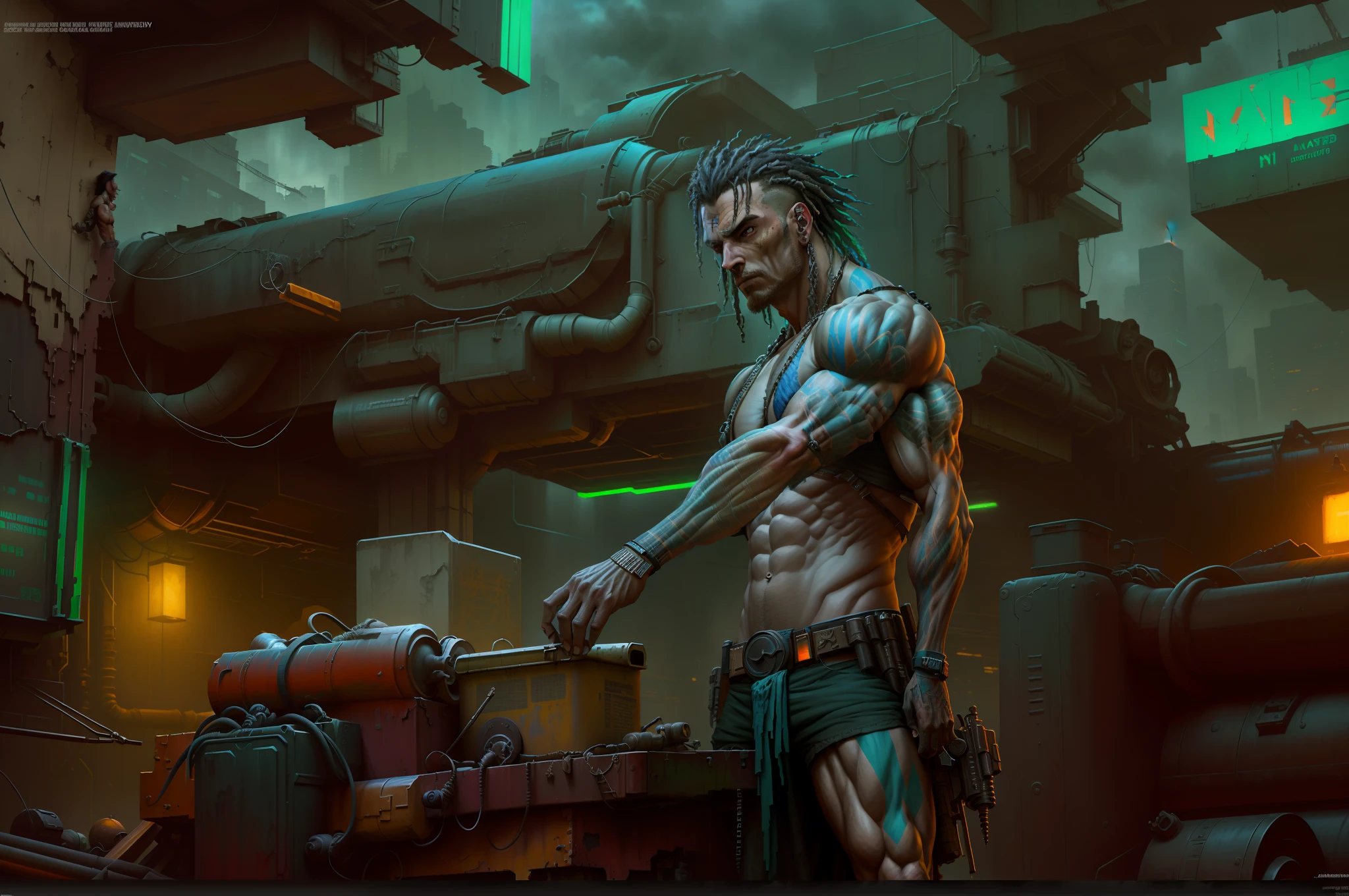 (masterpiece) highly detailed RAW, a post-apocalyptic man, cyberpunk city themed rainbow vivid, hassanfantasy style, by Jeremy Mann and Donato Giancola ultra realistic highly detailed intricate photorealistic, muscular