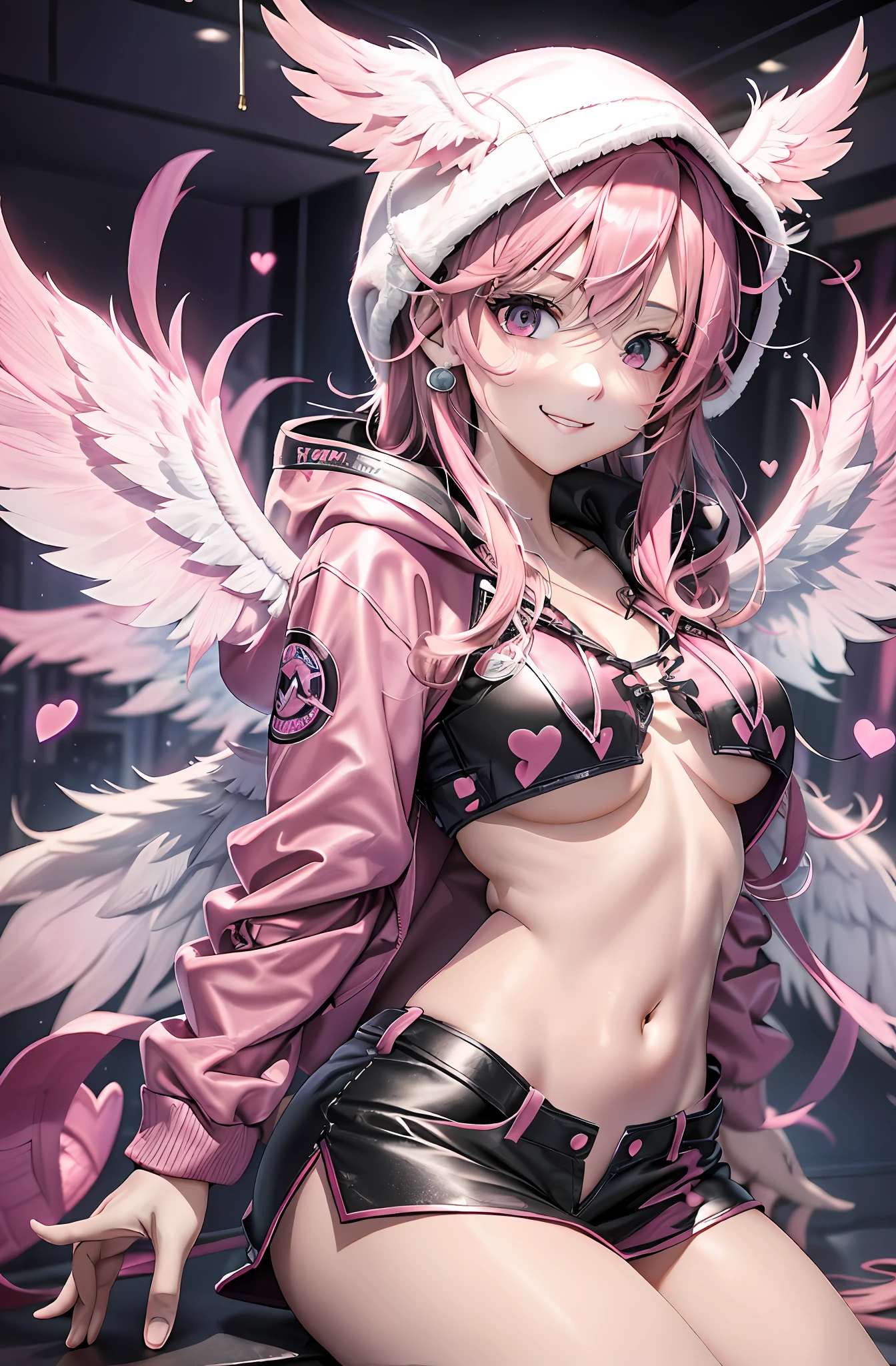 Pink hair. Long hair. Miniskirt. Parka. Earring. Angel wings. Heart-shaped vacant chest. Heart logo. A big smile. Inside the game center. White wings. Navel. Futomo. Navel out. Put on the hoodie hood. Put a hood on your head.