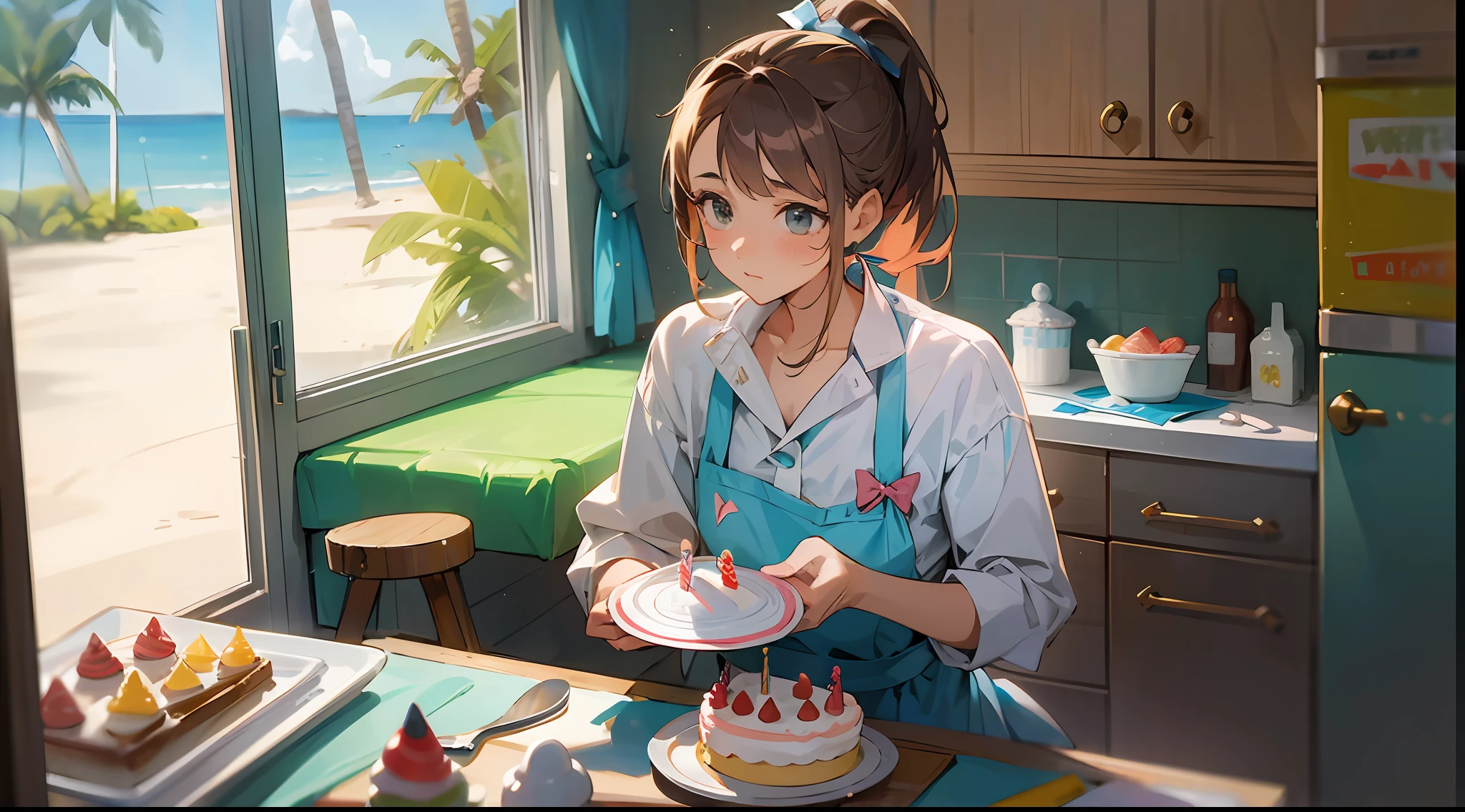 Masterpiece, best quality, a woman with a ponytail making a birthday cake, expression starts, head down to make birthday cake, Artie Guéran style