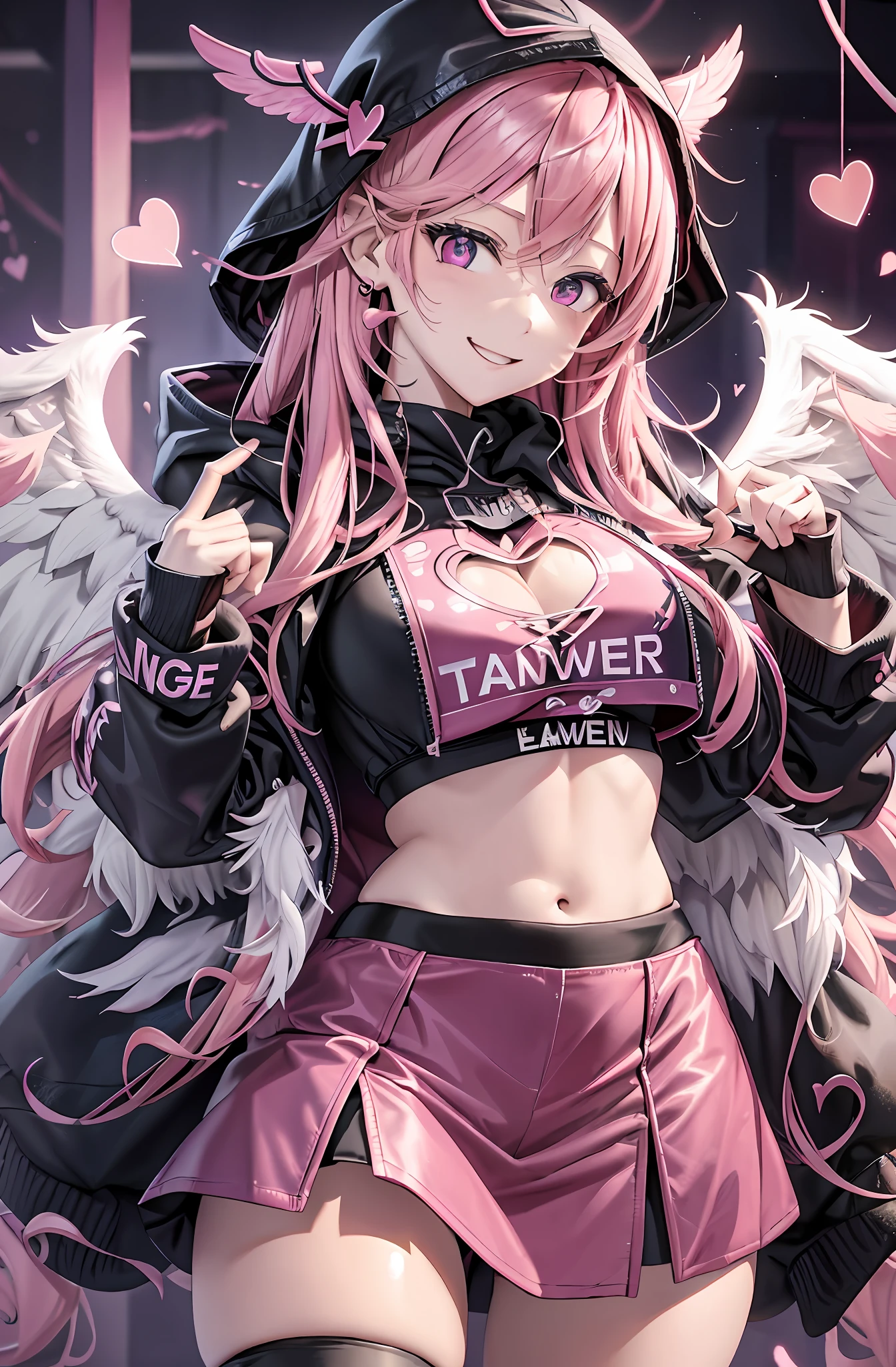 Pink hair. Long hair. Miniskirt. Parka. Earring. Angel wings. Heart-shaped vacant chest. Heart logo. A big smile. Inside the game center. White wings. Navel. Futomo. Navel out. Put on the hoodie hood. Put a hood on your head.