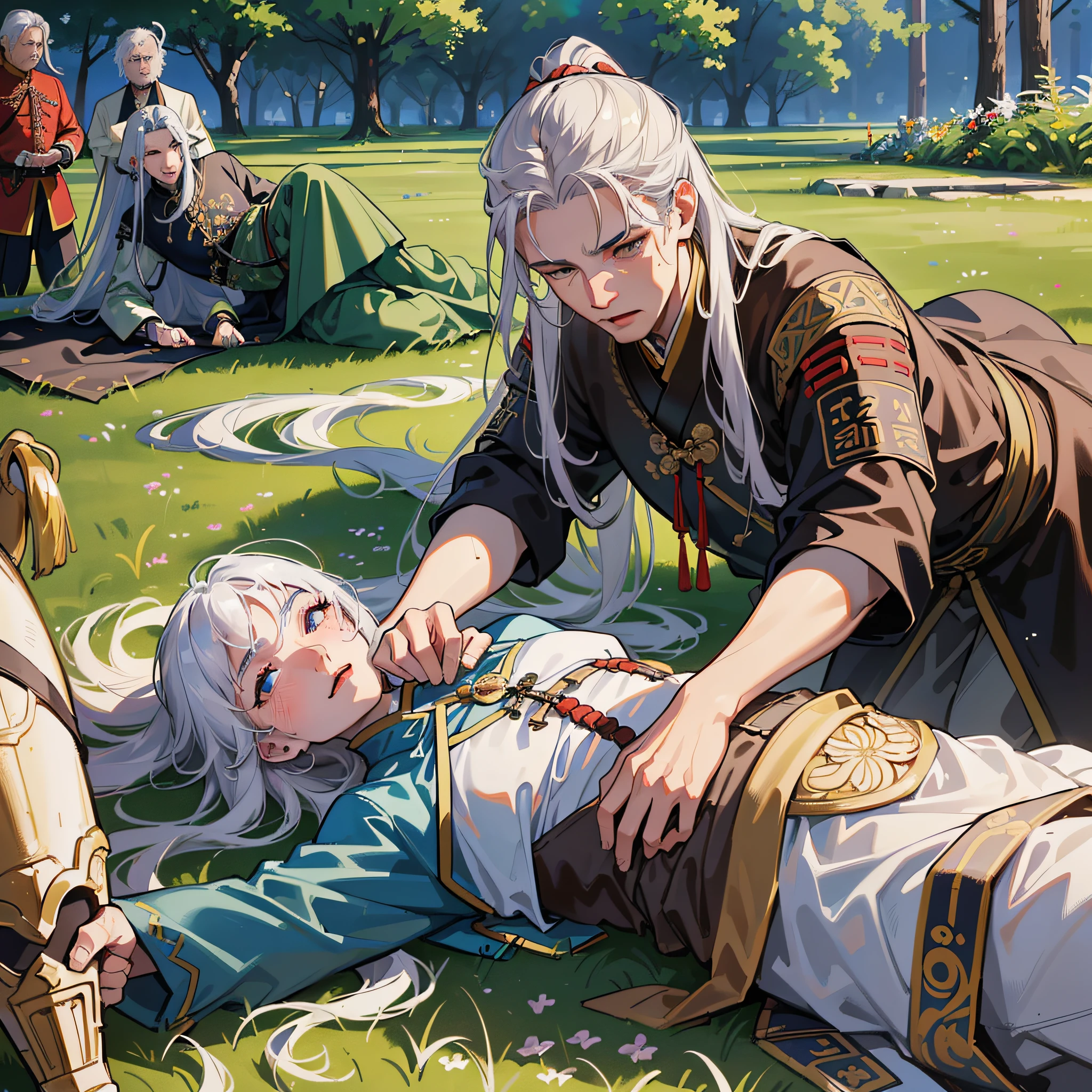 masterpiece, high quality, best quality, beautiful, hd, realistic, perfect lighting, detailed face, detailed body, ((5 old men died on the battlefield: 70 years old)), lying on the ground, many people with long white hair, wrinkled face, Chinese Tang dynasty armor clothing, (Tang dynasty, ancient China), ancient battlefield background