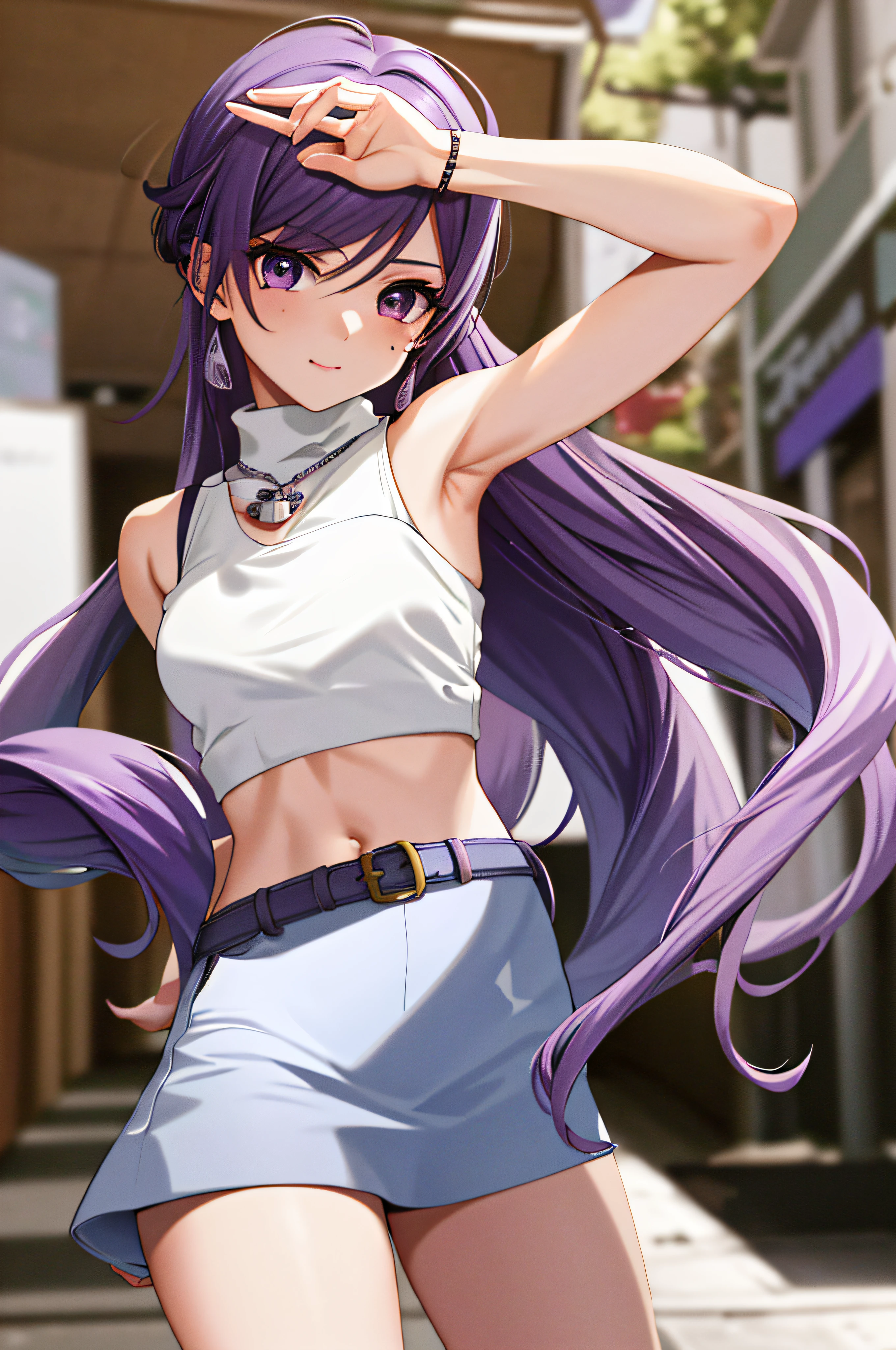 masterpiece, best quality, high resolution, HMCA1, long hair, purple hair, moles under the eyes, crop top, chest, sleeveless turtleneck sweater, sweater, white skirt, street, denim shooting, walking,