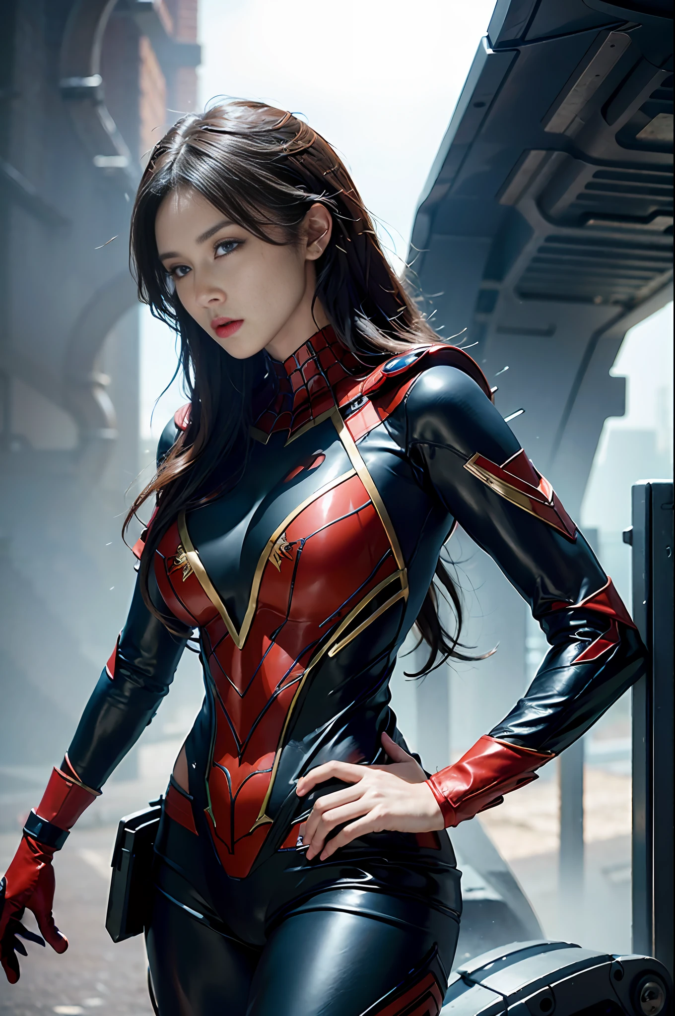 RAW, Masterpiece, Super Fine Photo,, Best Quality, Ultra High Resolution, Photorealistic, Sunlight, Full Body Portrait, Stunningly Beautiful, Dynamic Poses, Delicate Face, Vibrant Eyes, (Side View) , she is wearing a futuristic Iron Lady Spiderman costume, very detailed background, detailed face, detailed and complex busy background, messy, gorgeous, milky, high detailed skin, realistic skin details, visible pores, sharp focus, Volumetric fog, 8k uhd, dslr, high quality, film grain, fair skin, photorealism, lomography, sprawling metropolis in a futuristic dystopia, view from below, translucent