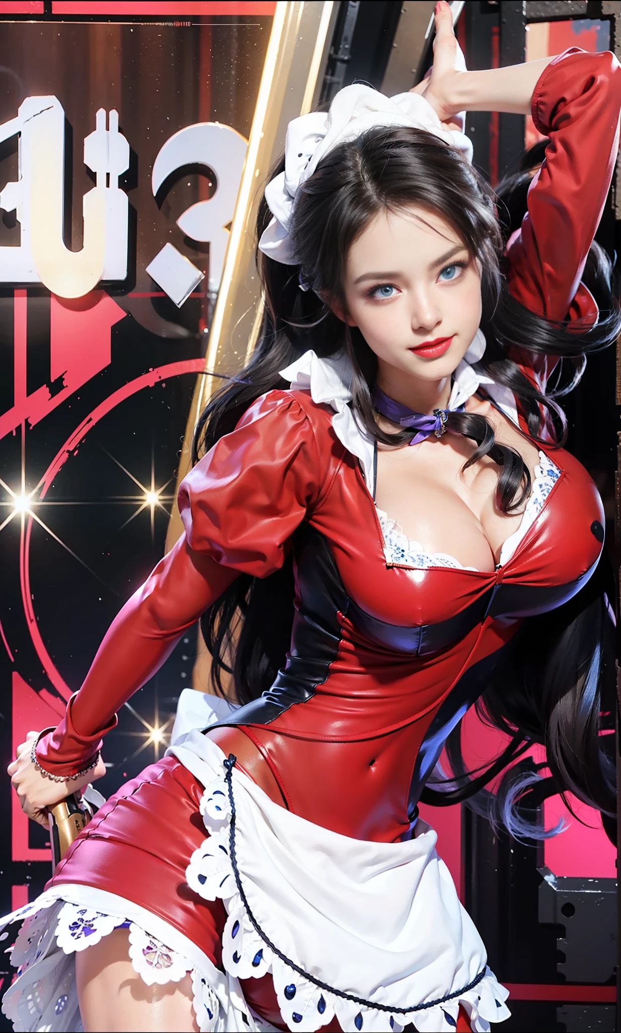 (female:1.2) (bodybuilder:0.8), hyper realistic, masterpiece, photorealistic, real skin, detailed face, detailed skin, detailed lighting, 1girl, (blue eyes), large breasts, cleavage, long hair, black hair, purple dress, red lips, smile, gun in the back, amazing pose