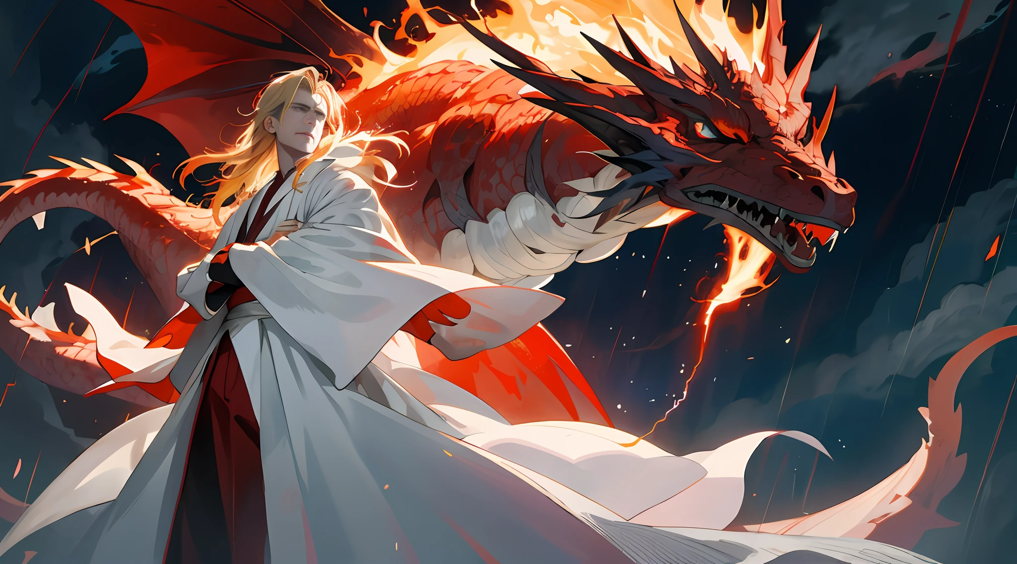 (absurd,, high resolution, super detailed), ung male, (teenboy), Han body, slender body, suspended in the air, hands open, long flowing blonde hair, fiery red pupils, looking down, single, full body, detailed background, evil smile, focused, serious, wizard, blooming in your hands (colored lightning), French formation, white clothes, red robes, hair fluttering in the wind, body exuding magic, supernatural power, eerie dark reality lighting, There is an incomparably huge black fire dragon behind it, and the sky is raining and lightning