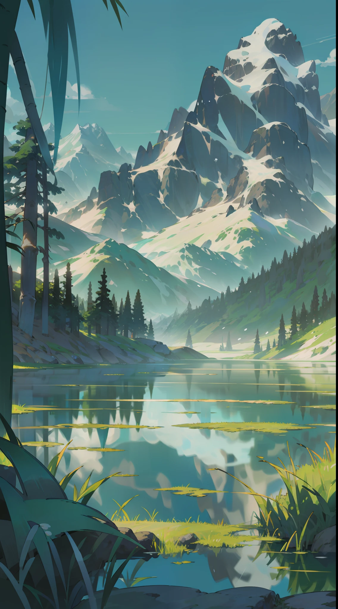 Towering snow-capped mountains, turquoise lake, (forest), flowers, trees, grass, bamboo, spring, sunny, strong sunlight, chiaroscuro, cliffs, panoramao, 8K, high quality