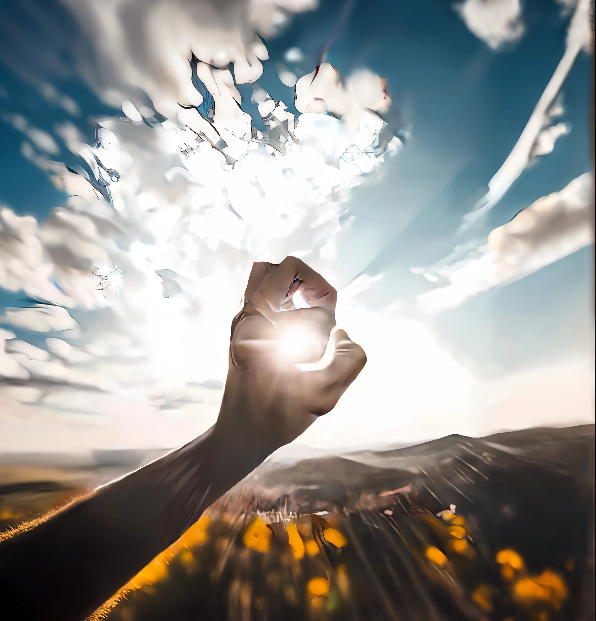 someone holding up a small object in their hand in the sun, with the sun shining on it, light coming from above, light shining through, by Niko Henrichon, everything in a beautiful light, radiating with power, light coming through, sun shining through, sun shines in the sky, sun flare, perfect crisp sunlight, light from above, sun flares