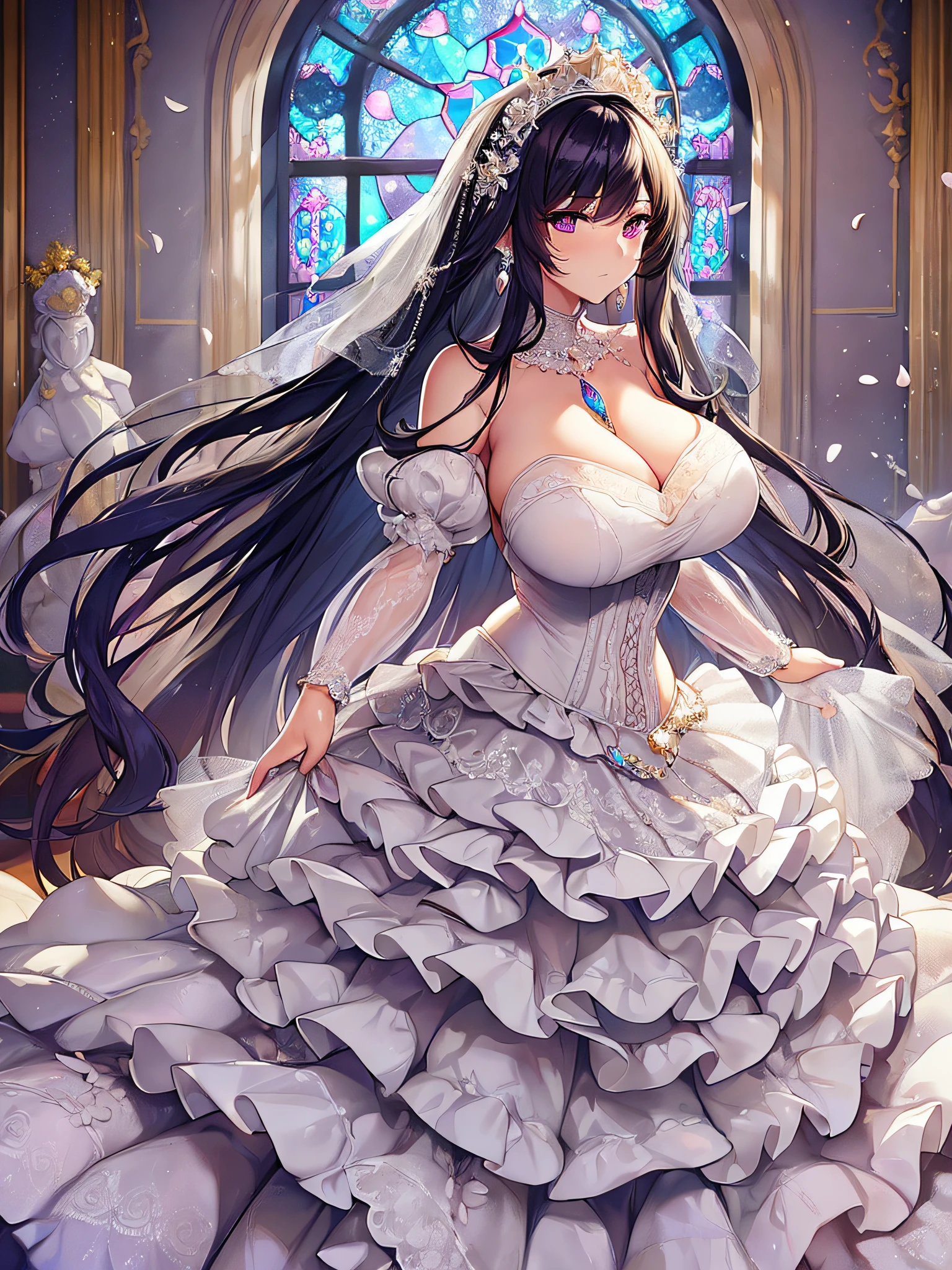 ((anime artstyle)),(Masterpiece), (Best Quality), (Super Detail), Illustration, (((Very Delicate and Beautiful))),Dynamic Angle,Looking at viewer,((((Solo)))),(((Full body))),(((1 arrogant empress in See-through white wedding dress having a wedding ceremony in a royal palace))),(standing),(((embarrassed))),anguish,Purple eyes,(Sharp eyes),Detailed Face, Long Eyelashes,Jet Black Hair,Straight Hair,((Very Long Hair)),Bangs between eyes,((((gigantic breasts)))),cleavage,((skindentation)),curvy,off shoulder,See-through,(((fusion of See-through white wedding dress and white rococo ball gown))),(fluffy See-through rococo white wedding ball gown with gorgeous embroidery),(((hoop skirt))),long skirt,corset,crinoline,long bridal veil,ultra long gloves,Beautifully Gorgeous jeweled big tiara,Beautifully Gorgeous gem earrings,Beautifully Gorgeous jeweled necklace,Beautifully Gorgeous jeweled ornaments,indoor,white lily flowers, flower petals flowing,Stained glass,light particles,Sacred Light