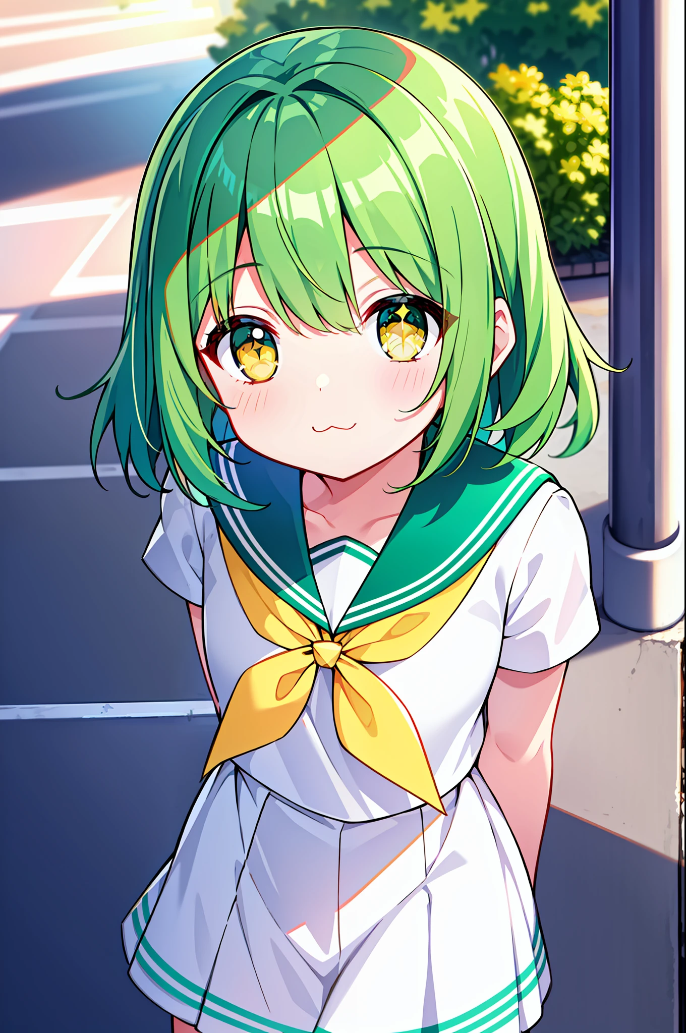 Masterpiece, top quality, girl one, dark green hair, medium hair, yellow eyes, star hair ornament, , viewer's gaze, : 3, cute, summer white sailor suit, outdoor, street,