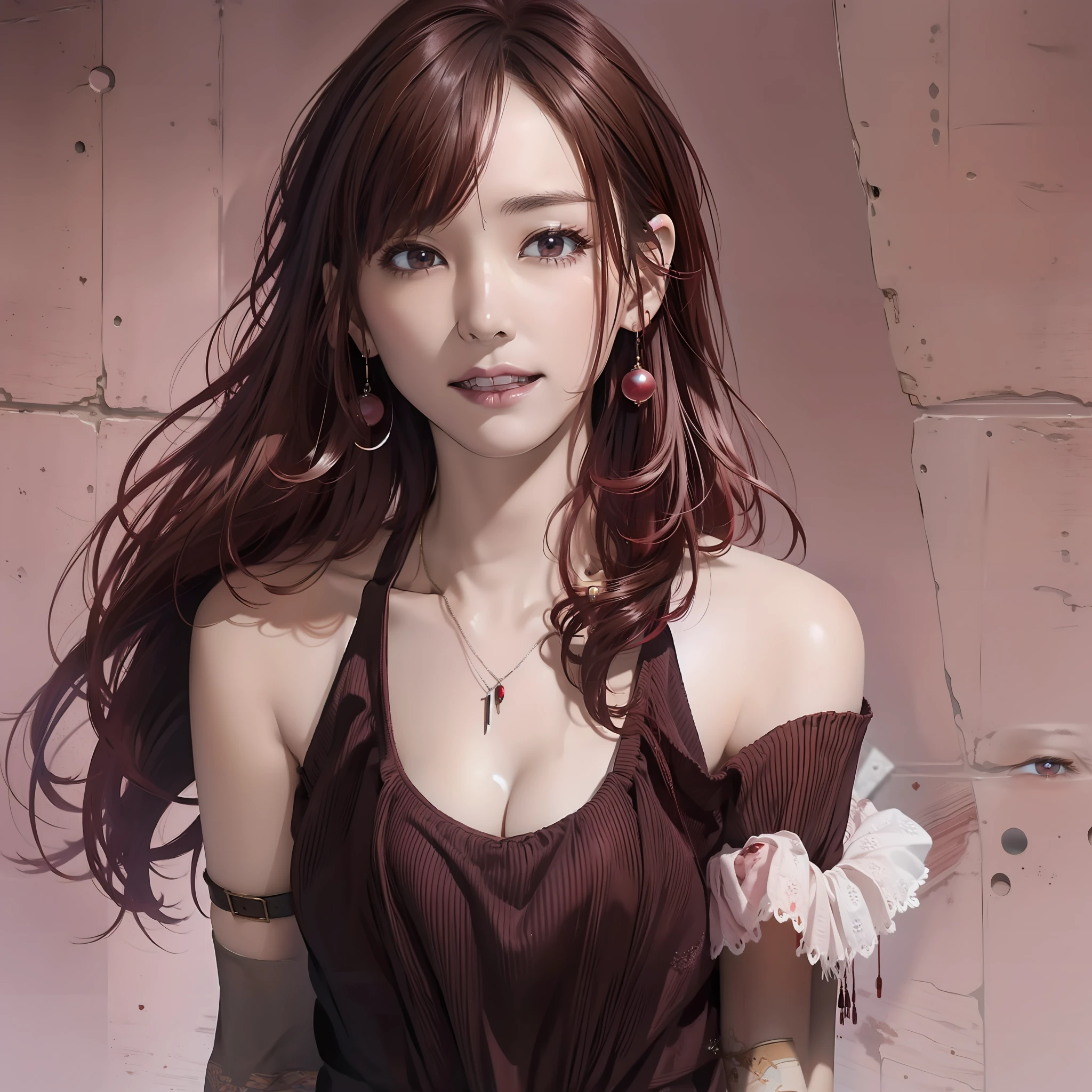 Masterpiece, Masterpiece, (1 woman: 1.8), one_eye_closed, Zombies, Pink skin, Brown hair, Hair only red, Teeth, Small Earrings, Small Necklace, Ruins of the Night, Cleavage, White Tank Top, Return Blood