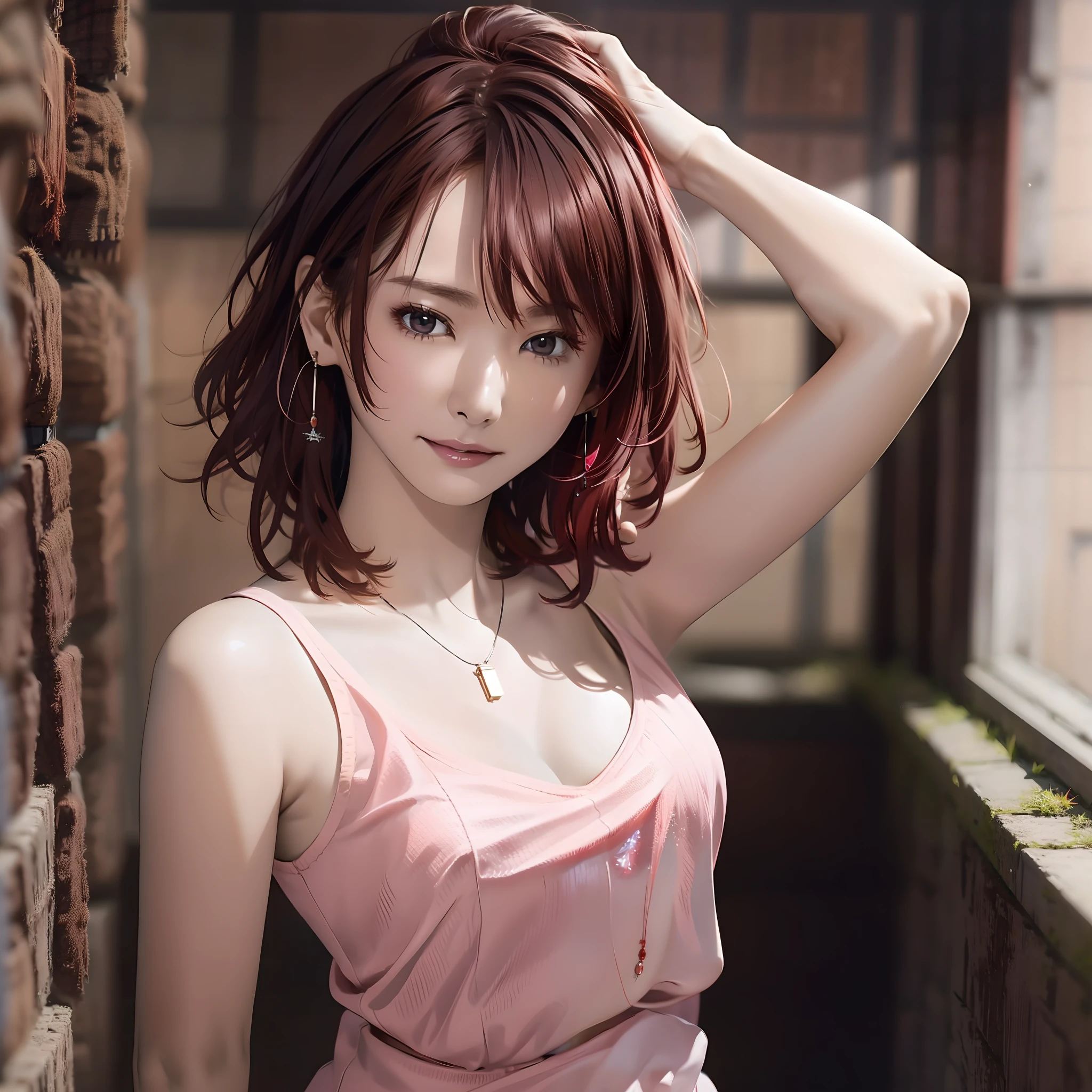 Masterpiece, Masterpiece, (1 woman: 1.8), one_eye_closed, Zombies, Pink skin, Brown hair, Hair only red, Teeth, Small Earrings, Small Necklace, Ruins of the Night, Cleavage, White Tank Top, Return Blood