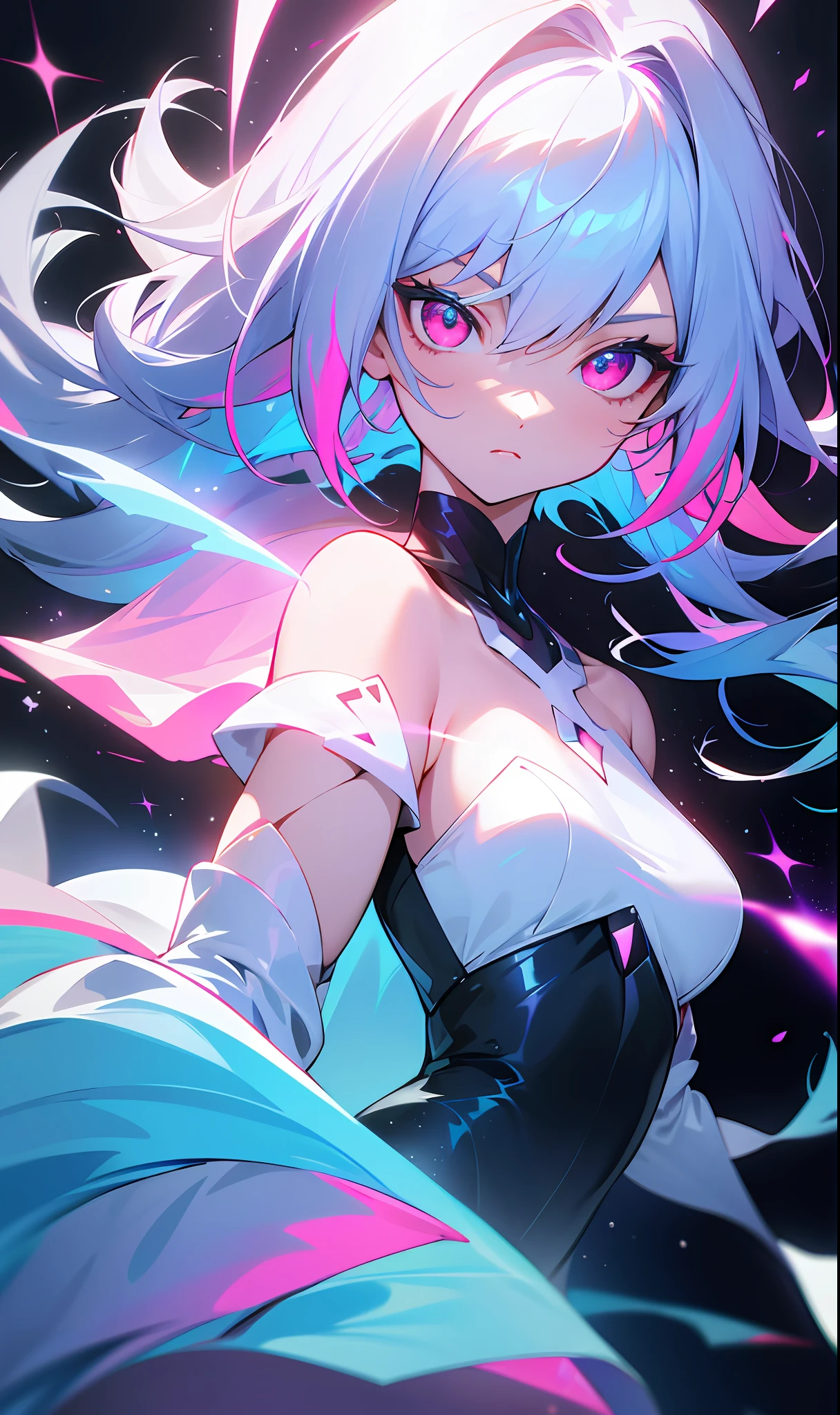 (fine, sharp images, super resolution, extremely amazing detail, awesome detail), subsurface scattering, masterpiece, best quality, high quality, 1girl, solo, upper body, (one hand at the side and the other hand on the waist), prism eyes, prism hair, prism, serious, [silver | white] + (blue: -0.3) hair, blue + red eyes, gradient eyes, multicolored eyes, calm, small breasts, shirt, gloves with optimal proportions of four fingers and one thumb, glow, Glowing eyes, glowing white particles, glitter, bloom, fantasy, cave,