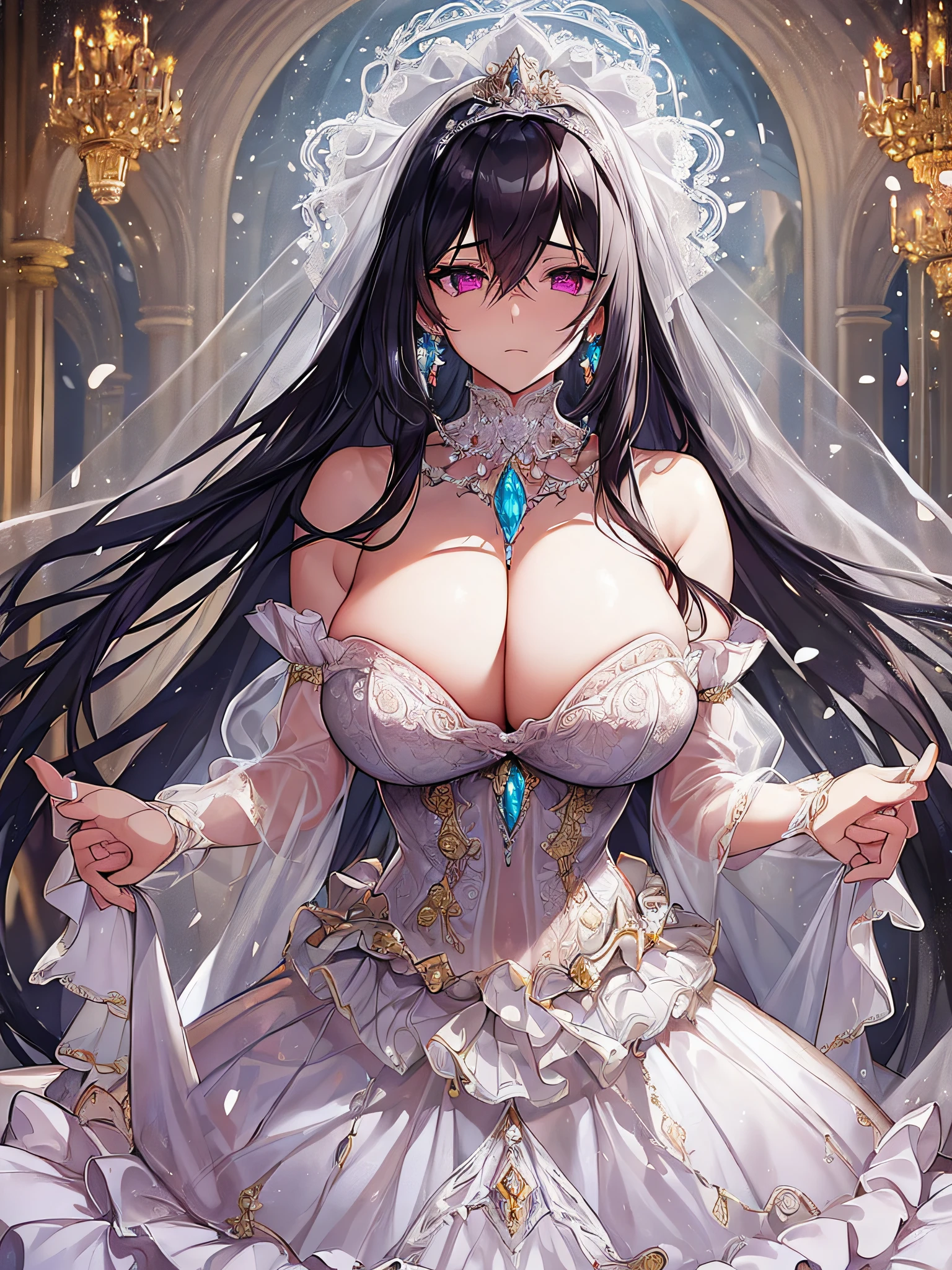 ((anime artstyle)),(Masterpiece), (Best Quality), (Super Detail), Illustration, (((Very Delicate and Beautiful))),Dynamic Angle,Looking at viewer,((((Solo)))),(((Full body))),(((1 arrogant empress in See-through white wedding dress having a wedding ceremony in a royal palace))),(standing),(((embarrassed))),anguish,Purple eyes,(Sharp eyes),Detailed Face, Long Eyelashes,Jet Black Hair,Straight Hair,((Very Long Hair)),Bangs between eyes,((((gigantic breasts)))),cleavage,((skindentation)),curvy,off shoulder,See-through,(((fusion of See-through white wedding dress and white rococo ball gown))),(fluffy See-through rococo white wedding ball gown with gorgeous embroidery),(((hoop skirt))),long skirt,corset,crinoline,long bridal veil,ultra long gloves,Beautifully Gorgeous jeweled big tiara,Beautifully Gorgeous gem earrings,Beautifully Gorgeous jeweled necklace,Beautifully Gorgeous jeweled ornaments,indoor,white lily flowers, flower petals flowing,Stained glass,light particles,Sacred Light