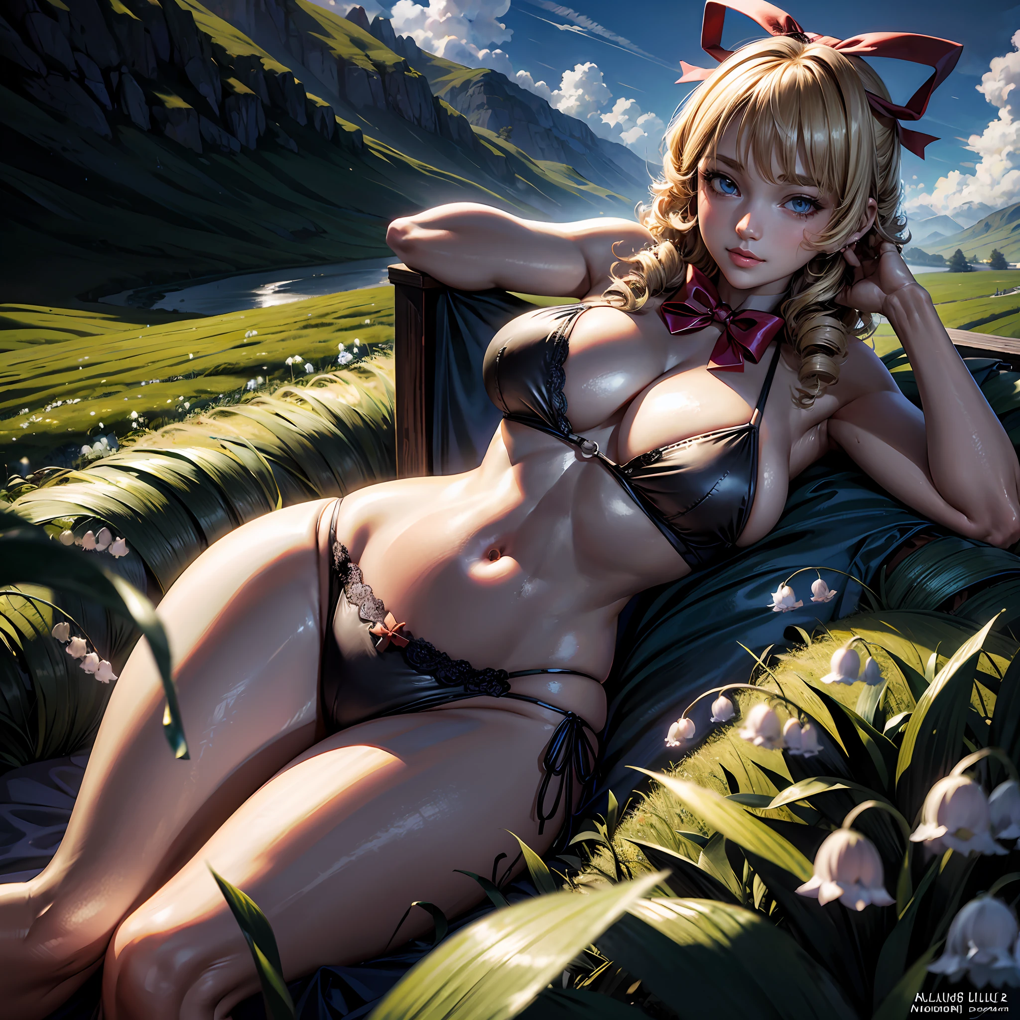 Best quality, masterpiece, ultra high res, (photorealistic:1.4), raw photo, Medicine Melancholy, bikini, huge breasts, wide hips, thick thighs, blonde hair, short hair, curly hair, silver-blue eyes, seductive smile, looking at viewer, voluptuos, red bow, hair bow, (bikini only:1), 1girl, ((doll joints:1)), flower field, clouds, blue sky, ((lily-of-the-valley, meadow)), Nameless hill, outside, sunlight, cumulus clouds,