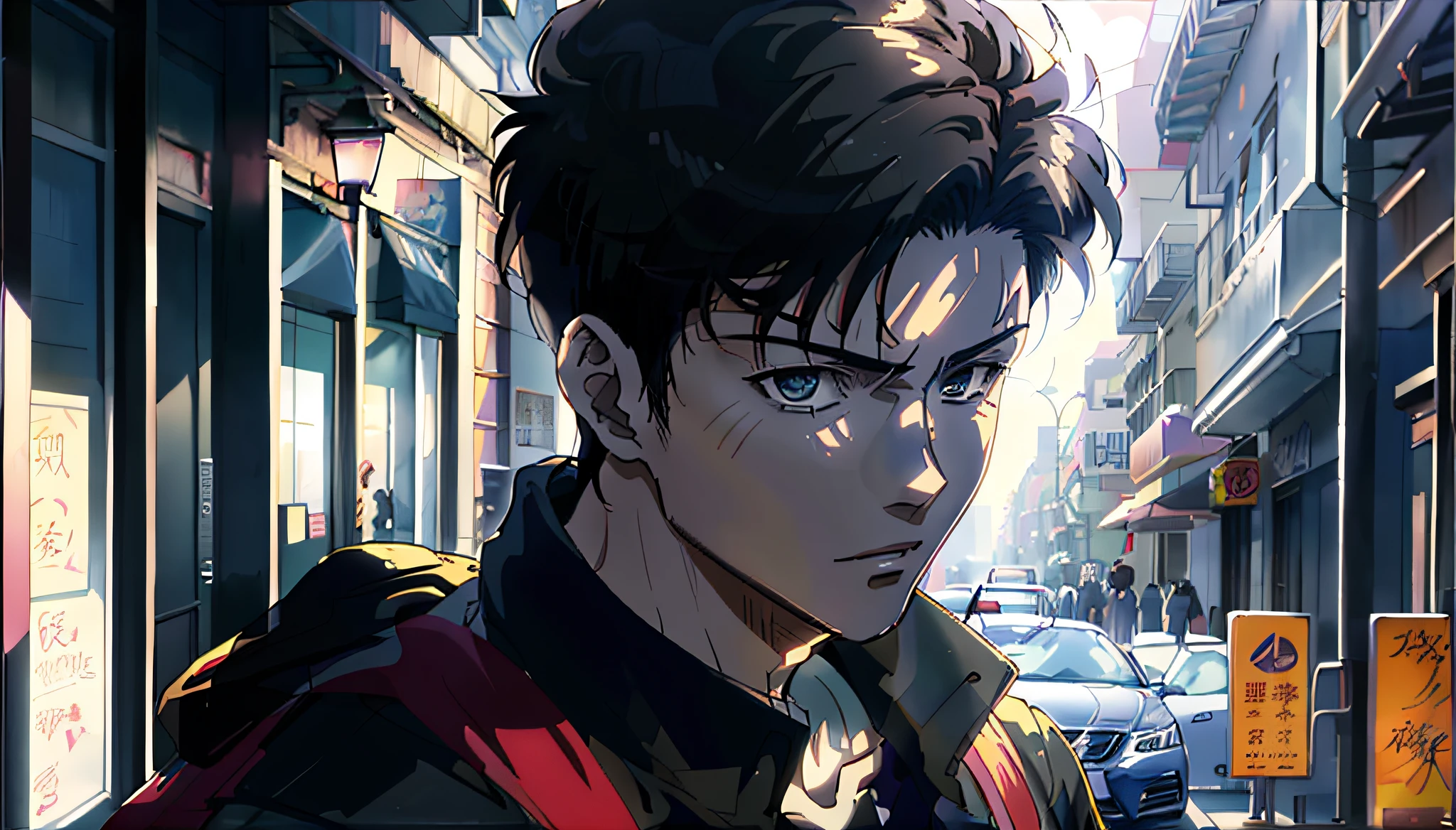 anime character with backpack walking down a city street, handsome guy in demon slayer art, male anime style, realistic anime artstyle, young anime man, anime handsome man, realistic anime 3 d style, male anime character, high quality anime artstyle, epic anime style, anime realism style, anime portrait of a handsome man, handsome anime pose, realistic anime art style