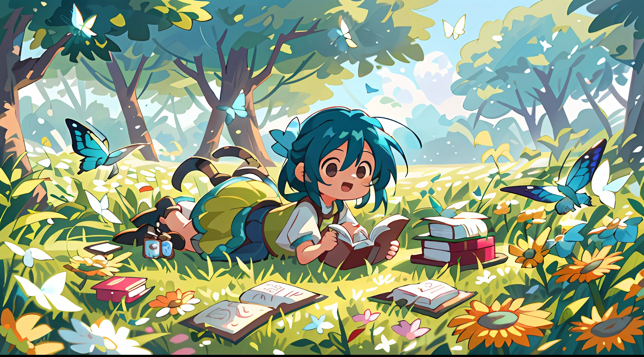 High Detail, Ultra Detail, 8K, Ultra High Resolution, Rinoa, from Final Fantasy 8, child, toddler, enjoying her time in the open field, surrounded by the beauty of nature and books, warm sun sprinkling on her, wildflowers gently swaying in the breeze. Butterflies and birds flutter around her, adding to the playful atmosphere, blue hair tie