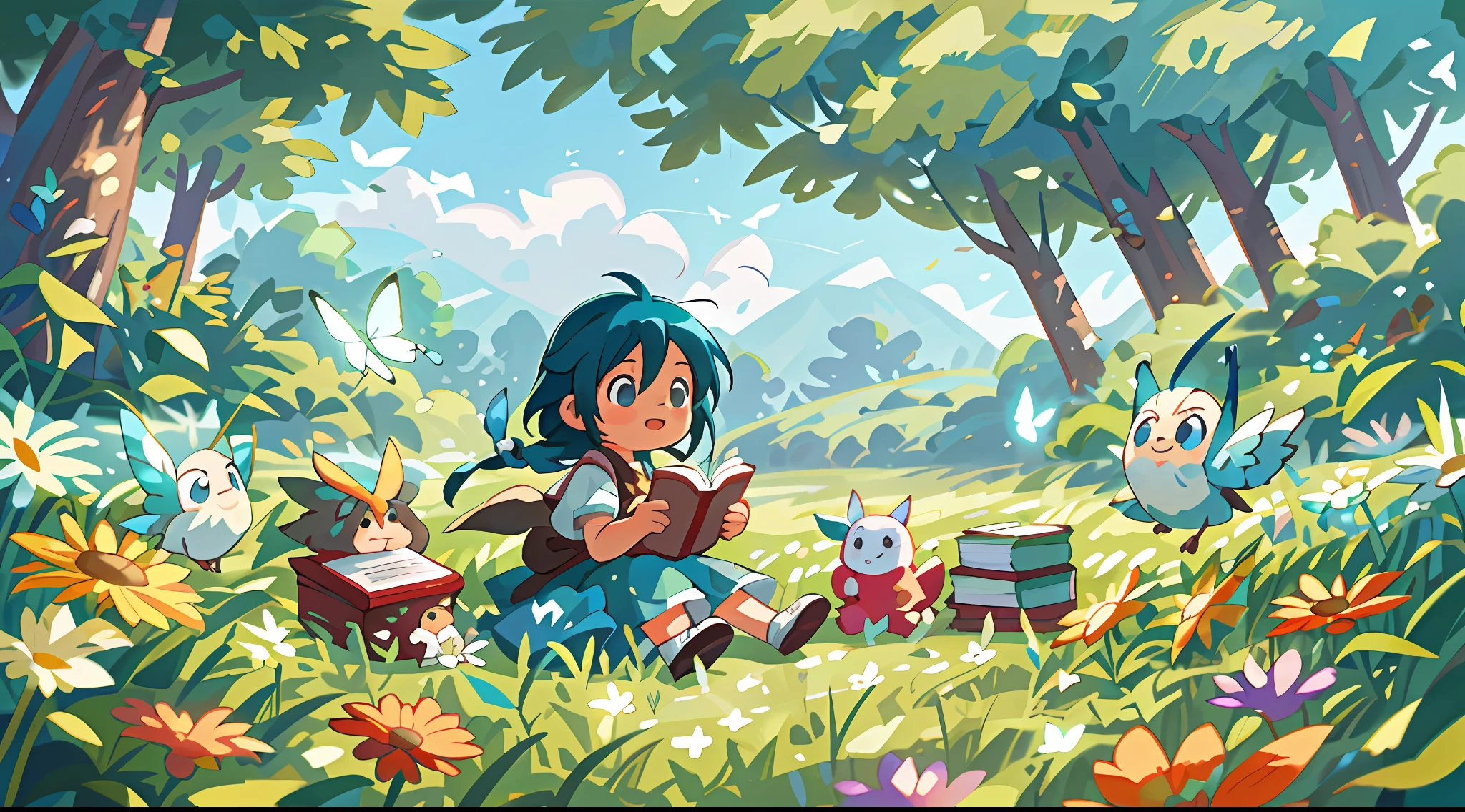 High Detail, Ultra Detail, 8K, Ultra High Resolution, Rinoa, from Final Fantasy 8, , toddl, enjoying her time in the open field, surrounded by the beauty of nature and books, warm sun sprinkling on her, wildflowers gently swaying in the breeze. Butterflies and birds flutter around her, adding to the playful atmosphere, blue hair tie