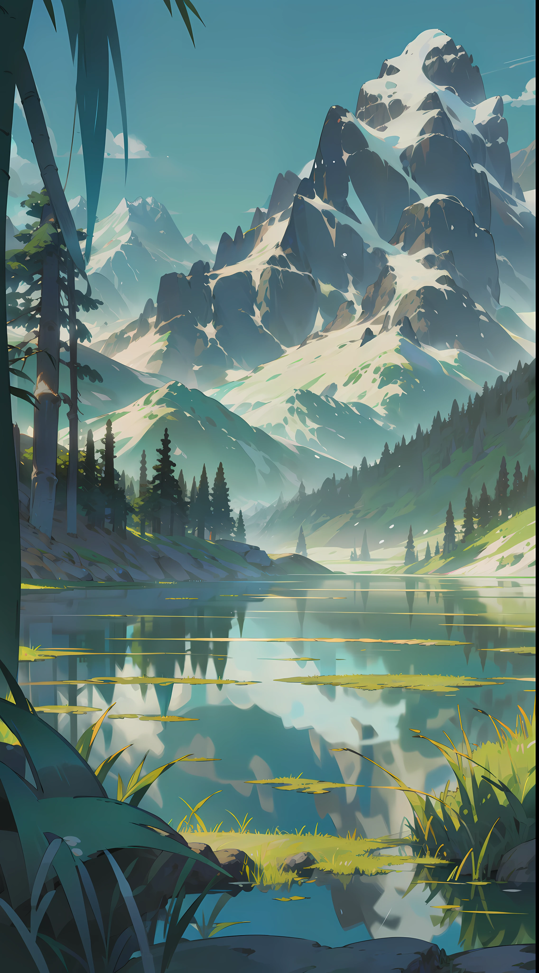 Towering snow-capped mountains, turquoise lake, (forest), flowers, trees, grass, bamboo, spring, sunny, strong sunlight, chiaroscuro, cliffs, panoramao, 8K, high quality