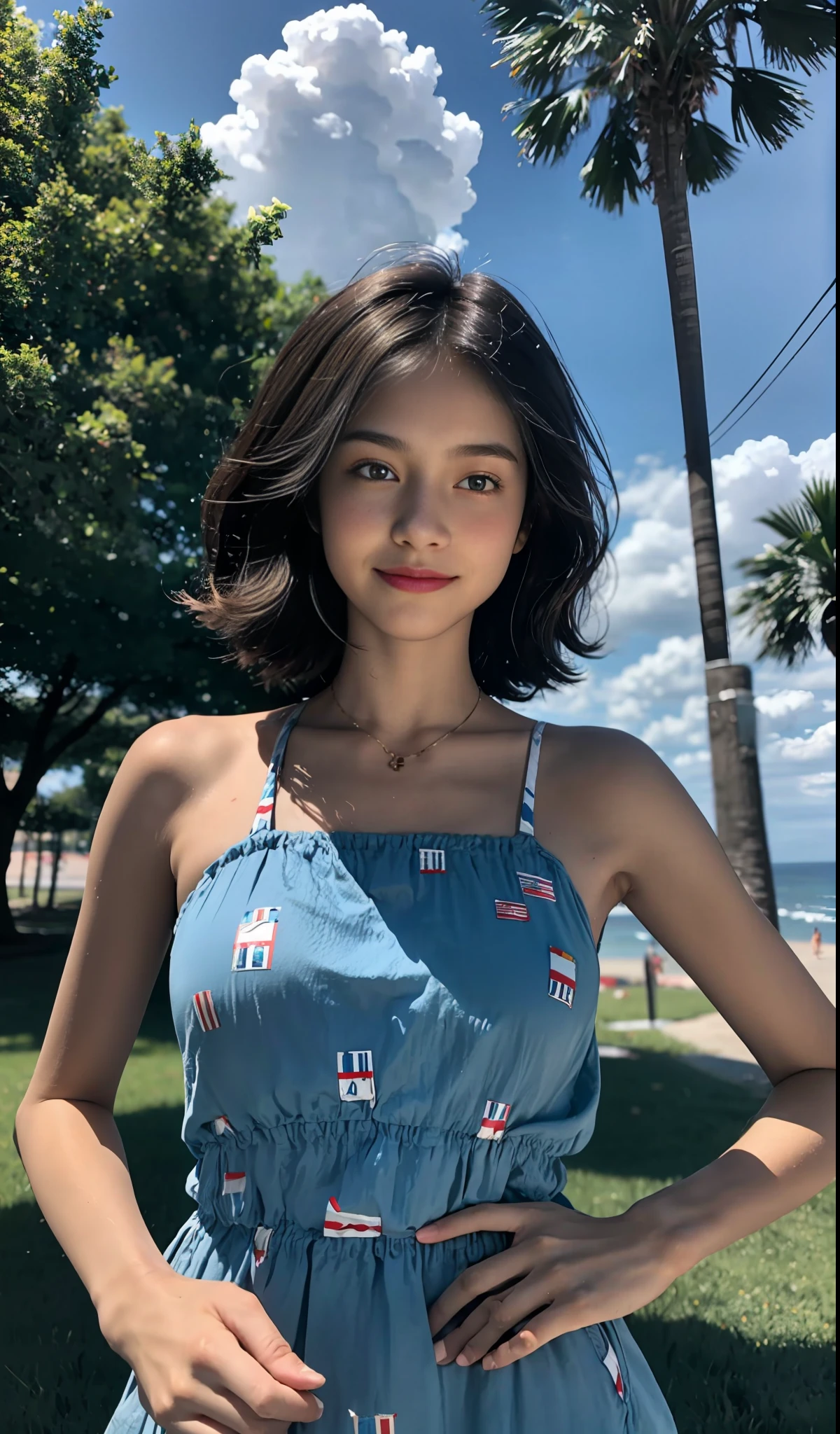 Cinematic lighting, cinematic style, best quality, blue sky, white clouds, short hair, (European and American girls), 18 years old, double eyelids, 1girl, medium score, flowing hair, delicate hair, real, city, neighborhood, street, background blur, Boston coast, eye shadow, European architecture, seaside, (American flag), swimsuit, smile