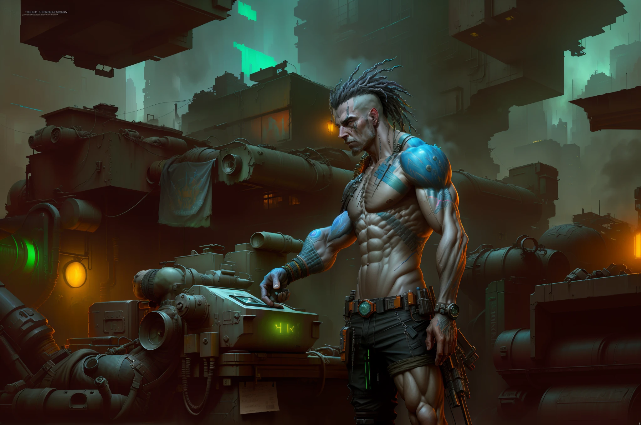 (masterpiece) highly detailed RAW, a post-apocalyptic man, cyberpunk city themed rainbow vivid, hassanfantasy style, by Jeremy Mann and Donato Giancola ultra realistic highly detailed intricate photorealistic, muscular