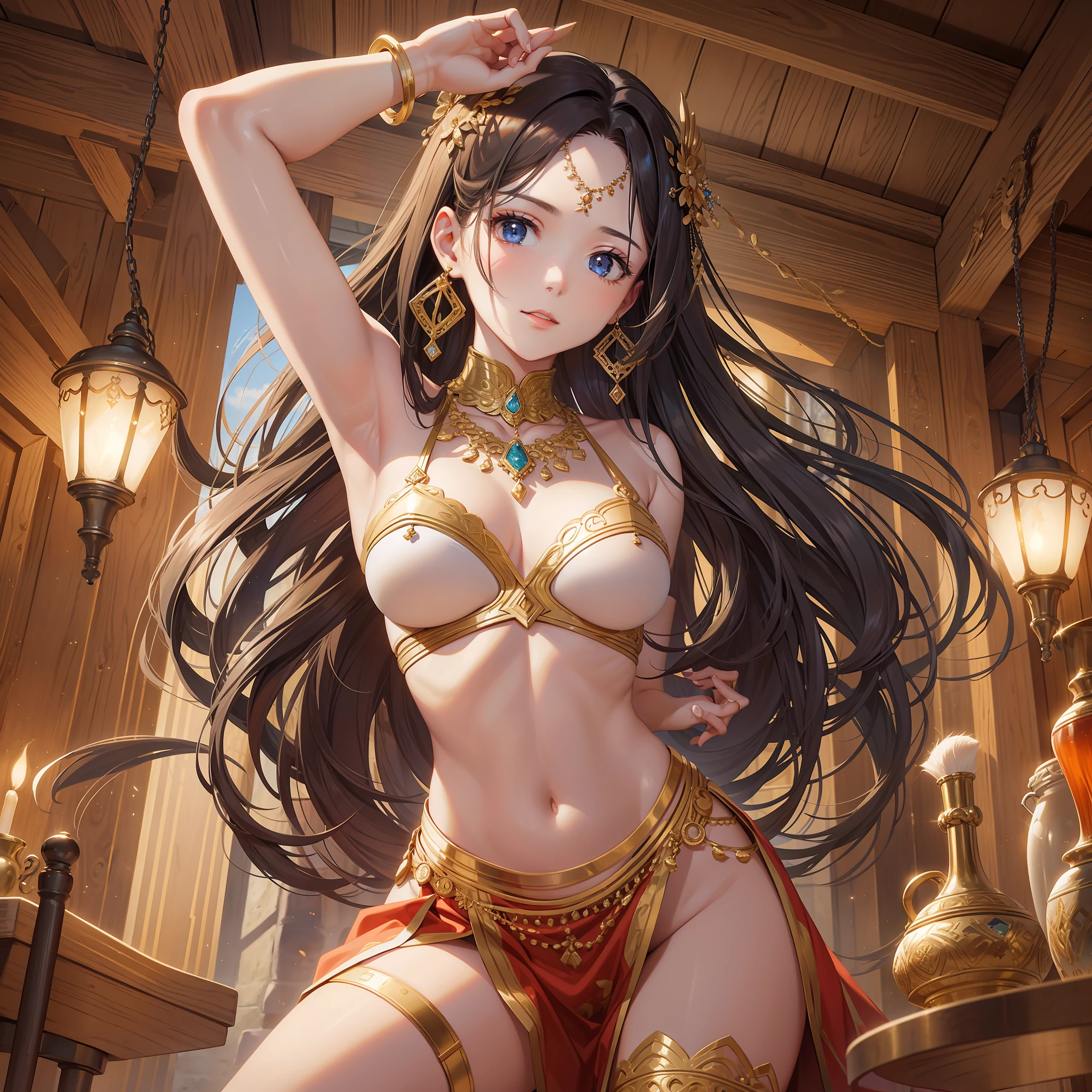 Top quality, masterpiece, long hair, dancing, girl, hair ornament, necklace, earring, bangle, one, light clothing, loin cloth, knee up, medieval tavern