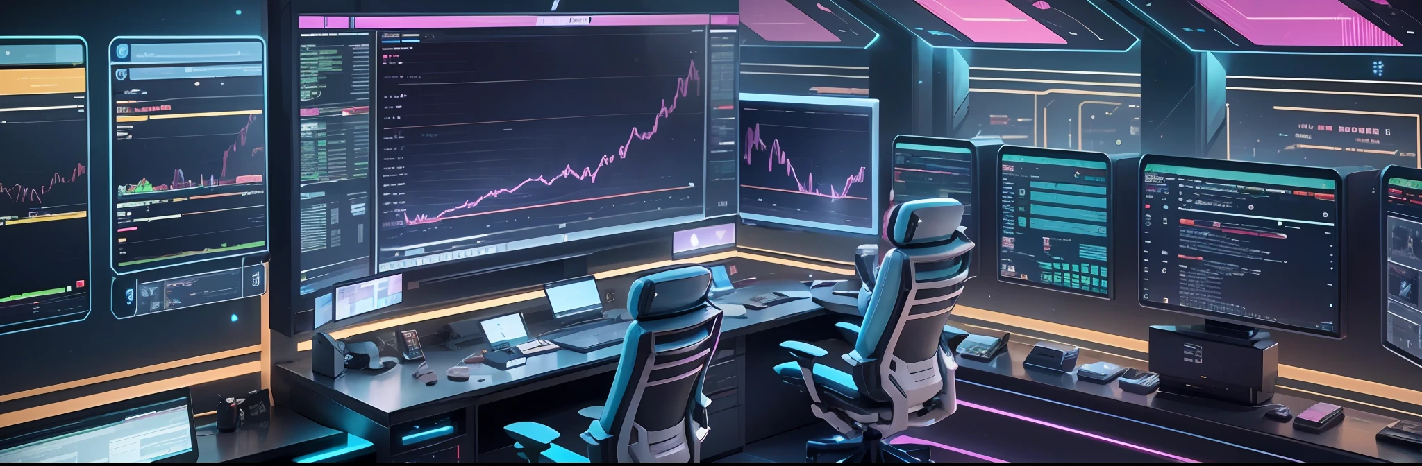 futuristic coding battlestations with multiple screens, holograms of trading terminals, no people, 4 chairs, 4k, --auto --s2