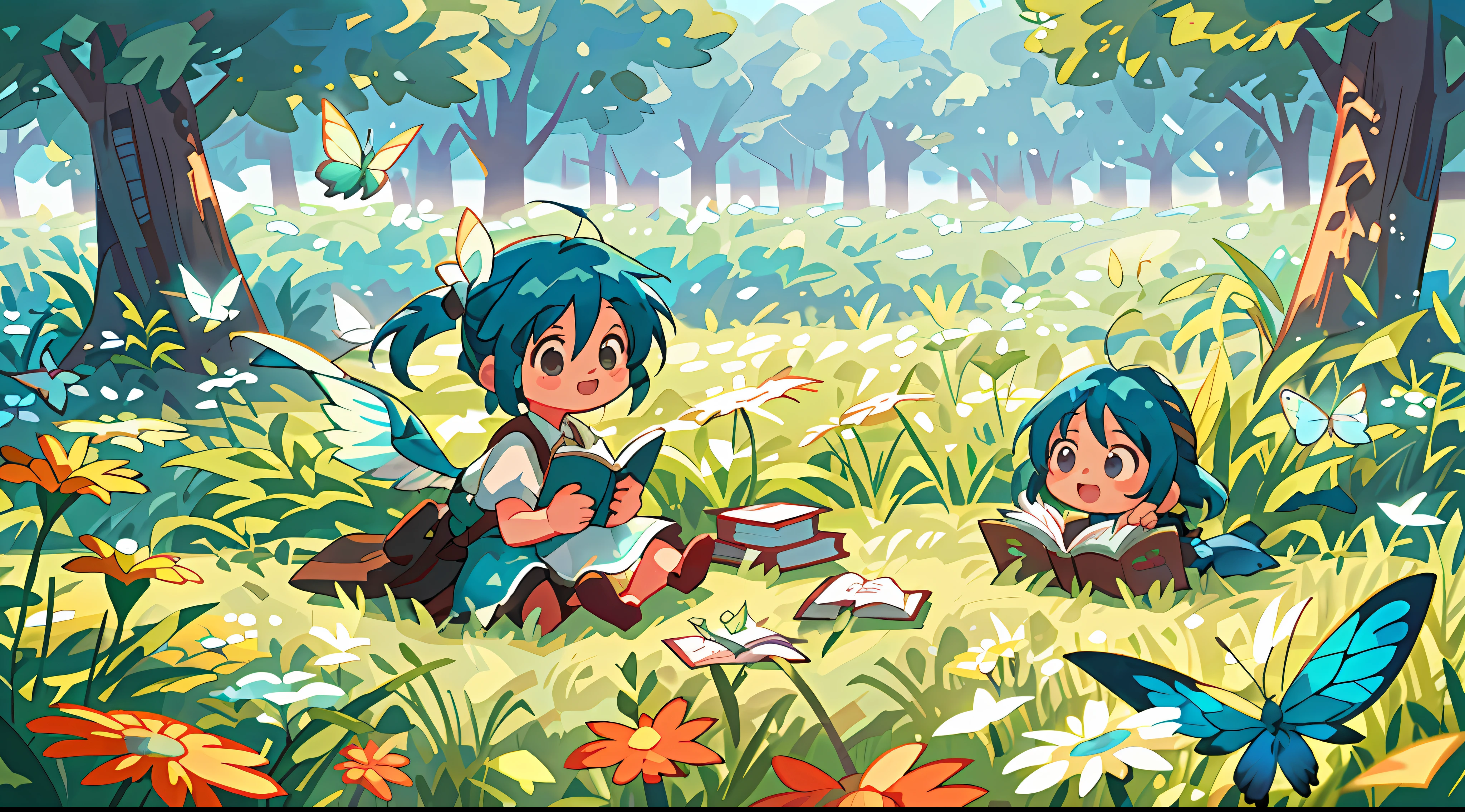 High Detail, Ultra Detail, 8K, Ultra High Resolution, Rinoa, from Final Fantasy 8, child, toddler, enjoying her time in the open field, surrounded by the beauty of nature and books, warm sun sprinkling on her, wildflowers gently swaying in the breeze. Butterflies and birds flutter around her, adding to the playful atmosphere, blue hair tie