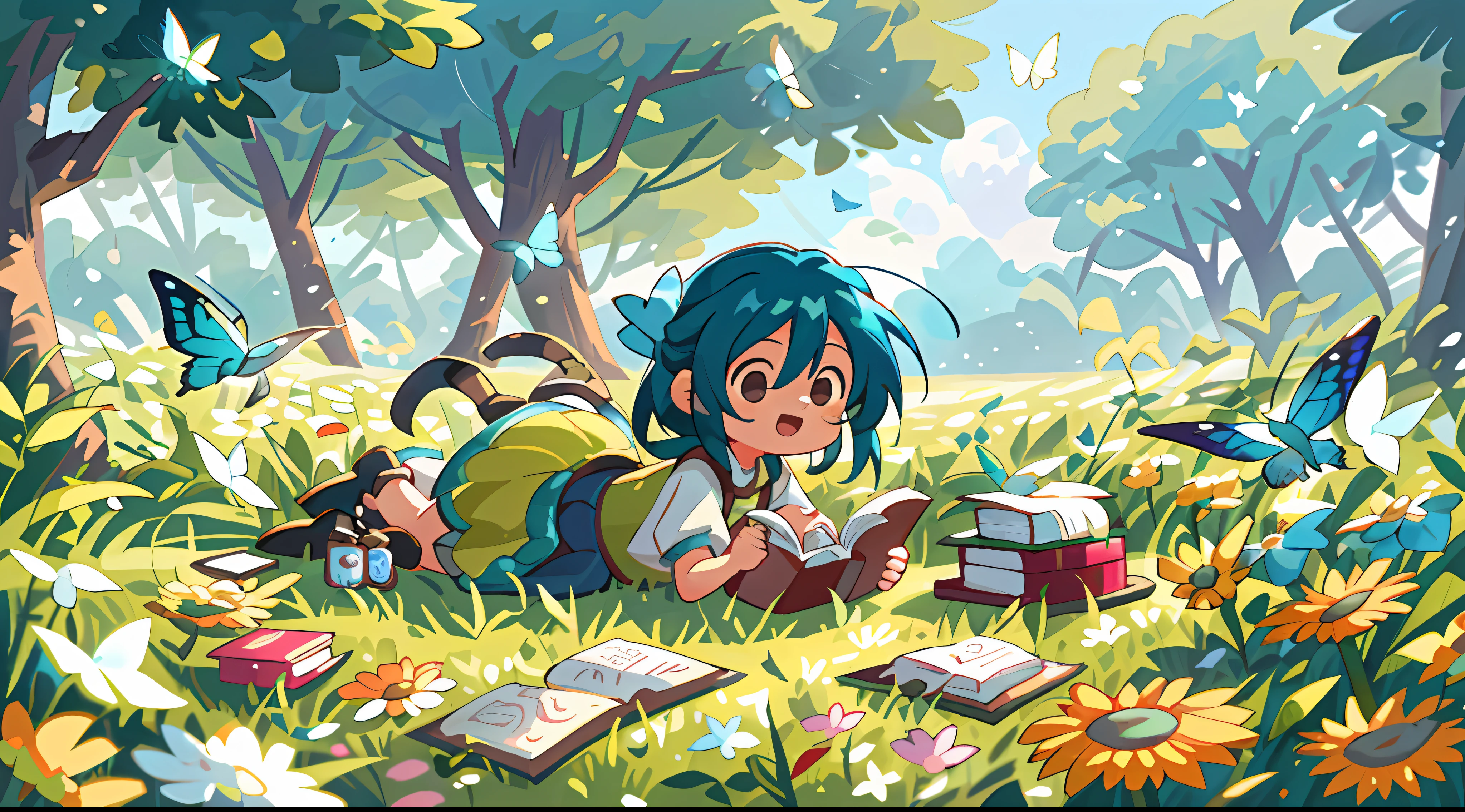High Detail, Ultra Detail, 8K, Ultra High Resolution, Rinoa, from Final Fantasy 8, , toddl, enjoying her time in the open field, surrounded by the beauty of nature and books, warm sun sprinkling on her, wildflowers gently swaying in the breeze. Butterflies and birds flutter around her, adding to the playful atmosphere, blue hair tie