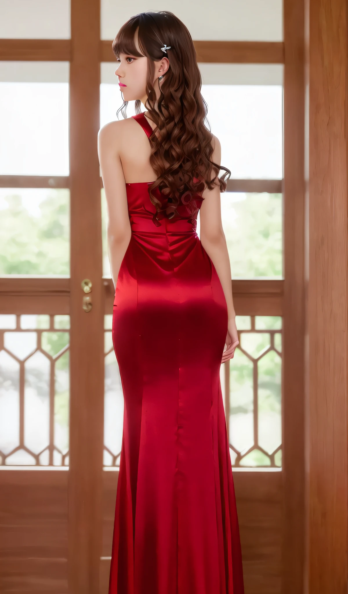 (8K, RAW Photo, Best Quality, Masterpiece: 1.2), (Realistic, Photorealistic: 1.37), Best Quality, Ultra High Resolution, Photon Mapping, Radiosity, Physically Based Rendering, Blur, Foreground, Depth of Field, Blurred Background, Photo_\(Medium), Motion Blur, Girl, (Full Body), Back View, Classic Wooden Chair, Perched, Long Legs, slender legs, long hair arrangement,(perm, curls)), bangs, (bangs visible), hair_ornament, lips, hair clip, solo, brown_eyes, nosesoft, red satin long dress,
