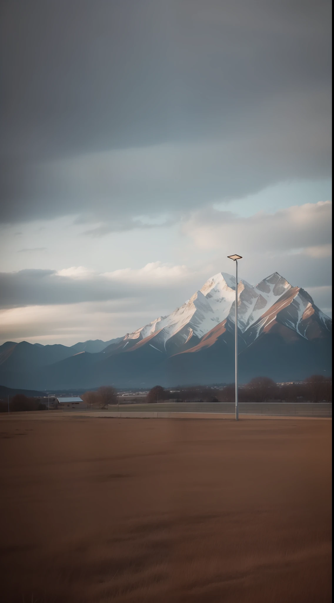 there is a street light that is next to a field, with mountains in background, moutain in background, distance view, with mountains in the background, park in background, with mountains in the distance, view from distance, view from the distance, nice slight overcast weather, with a park in the background, slight overcast weather, view from a distance