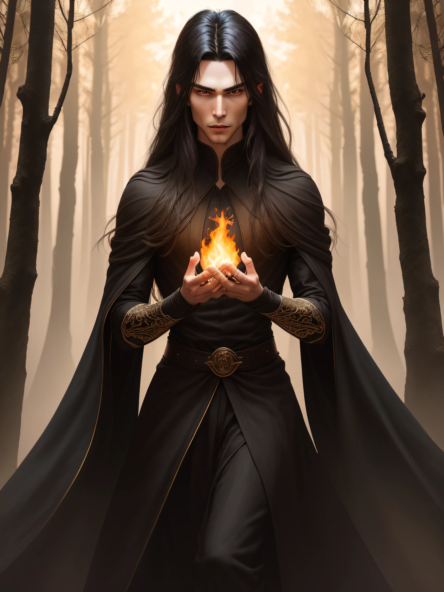Award-winning photograph of a male vampire with a thin body, with graceful hands, with delicate beautiful features, with black long hair, in a black tunic, posing in a burning dark forest, look at the camera, (cinematic: 1.5), epic realistic, hyper-detailed, insane details, intricate details, accent lighting, soft volumetric light, bokeh, (dramatic light: 1.2), (neutral colors: 1.3) background - forest fire