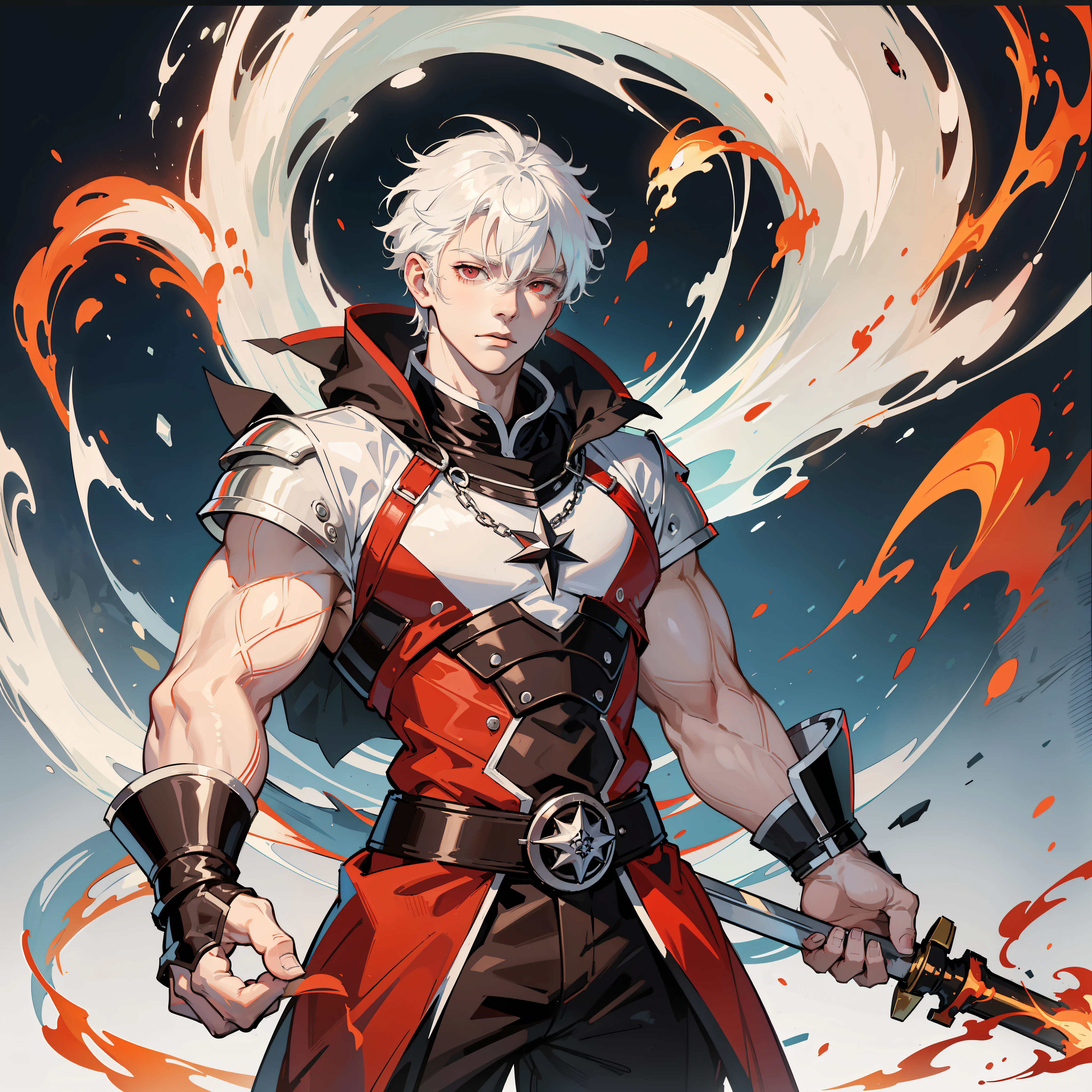 A young albino man with white hair and bright red eyes very muscular and with his right arm burned holding a giant sword covered in fire standing, anime