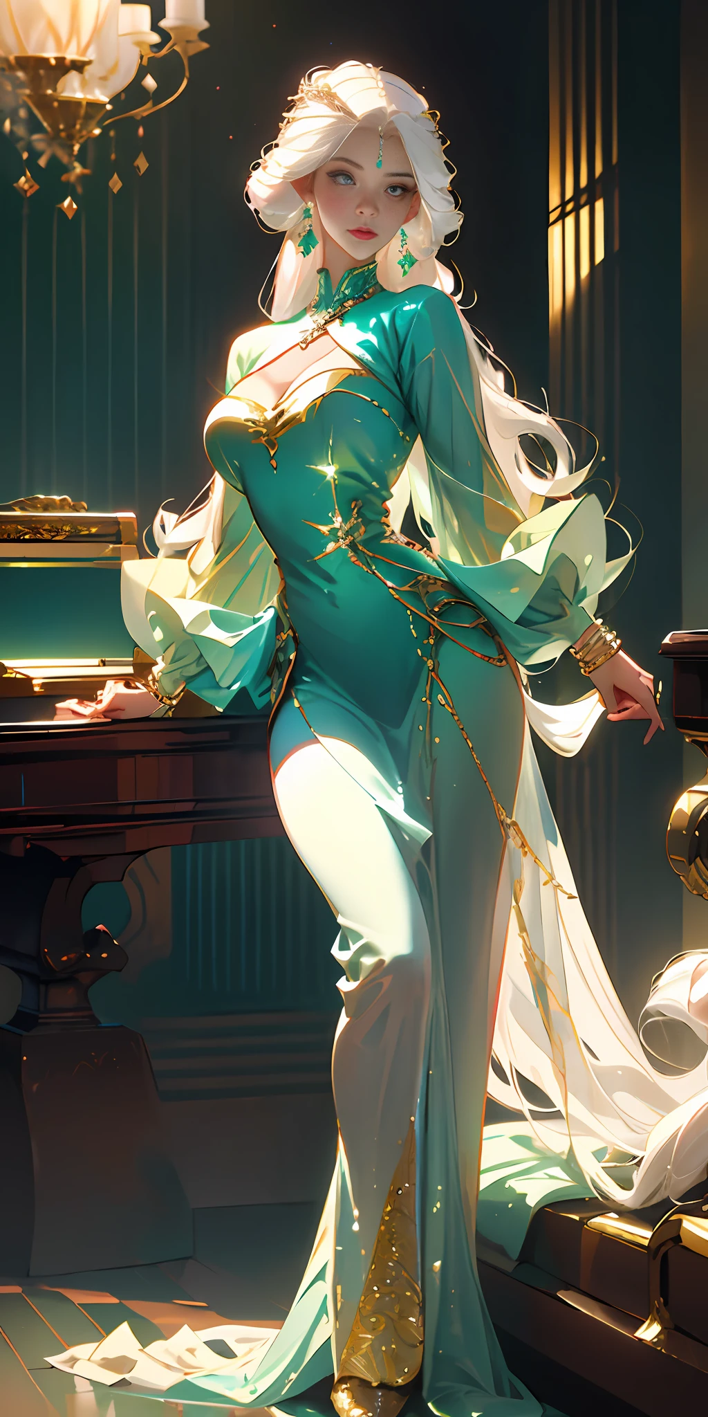 (((multicolored hair, [white hair]))), ultra realistic 8k cg, picture-perfect face, flawless, clean, masterpiece, professional artwork, famous artwork, cinematic lighting, cinematic bloom, perfect face, beautiful face, beautiful eyes, (((perfect female body, narrow waist))), gorgeous queen, royal, divine, goddess, godlike, (royal palace), fantasy, dreamlike, unreal, science fiction, (huge breasts), beautiful clothes, lace, lace trim, lace-trimmed legwear, nsfw, breasts out, absurdly long hair, very long hair, (rich:1.4), prestige, luxury, jewelry, diamond, gold, pearl, gem, sapphire, ruby, emerald, intricate detail, delicate pattern, sexy, charming, alluring, seductive, erotic, enchanting, hair ornament, necklace, earrings, bracelet, armlet, looking at viewer,