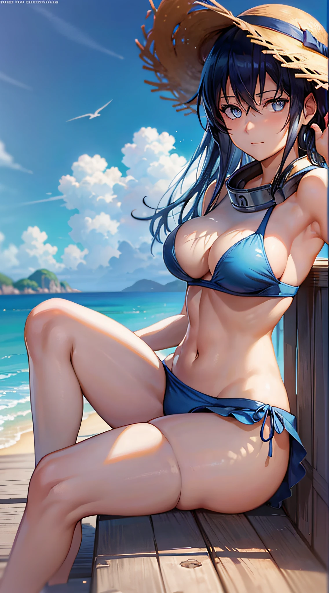 anime girl in a bikini sitting on the beach with a hat on, beautiful anime girl, makoto shinkai and artgerm, with straw hat, attractive anime girl, (anime girl), kantai collection style, makoto shinkai art style, beautiful anime woman, marin kitagawa fanart, high quality anime artstyle, pretty anime girl, 4 k manga wallpaper