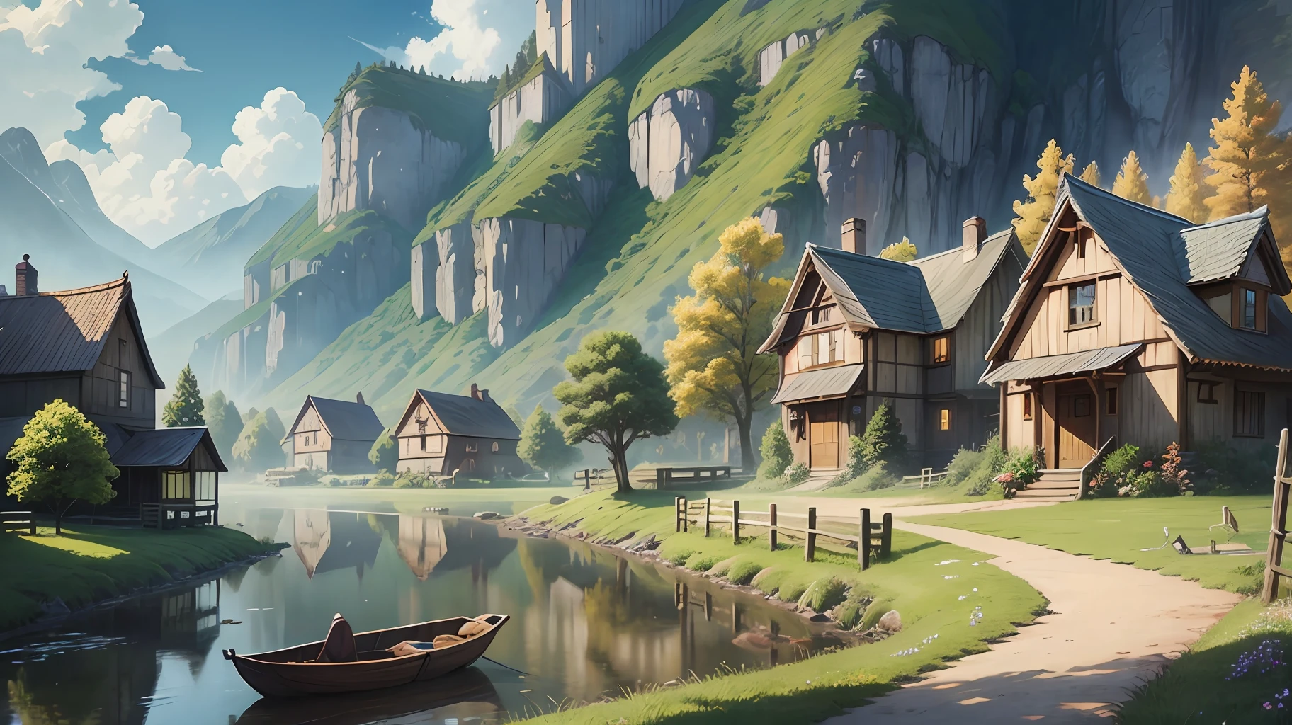detailed realistic anime illustration of a cozy rustic village in a grand meadow --auto --s2