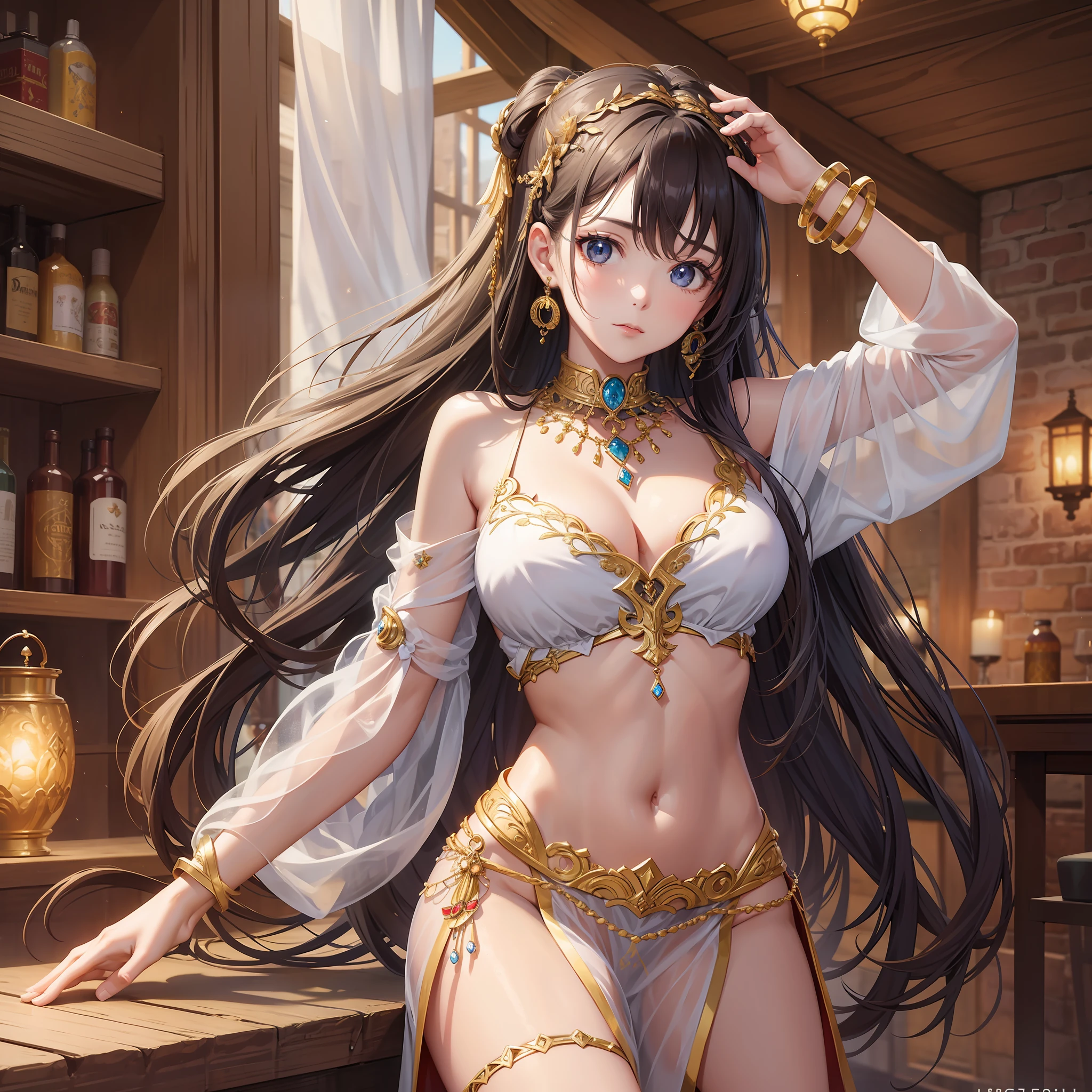 Top quality, masterpiece, long hair, pretty girl dancing, hair ornament, necklace, earring, bangle, one, light clothing, loin cloth, knee up, medieval tavern