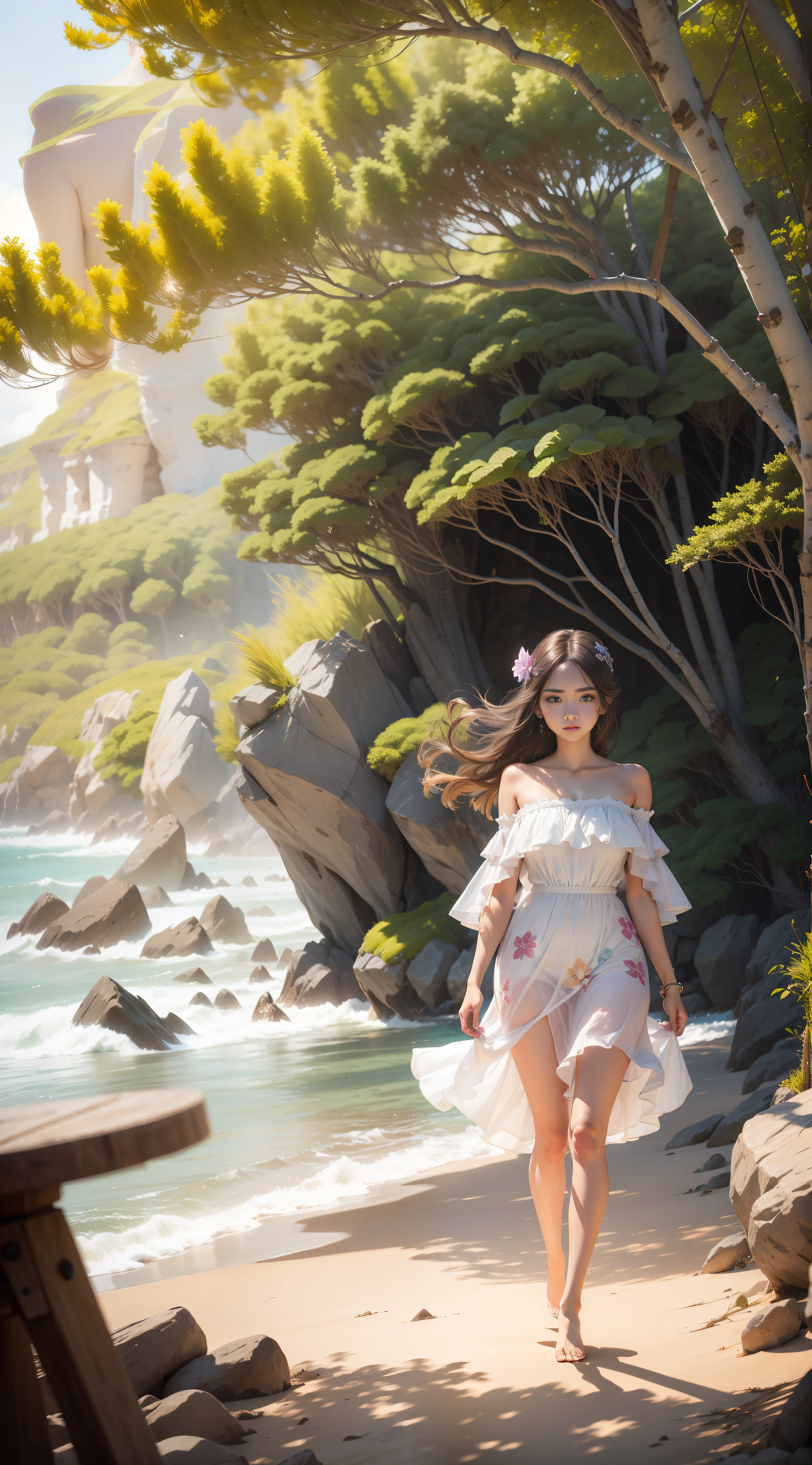 1girl, surreal beautiful young woman, walking on the beach in colorful dress, ethereal beauty, beautiful young wind spirit, clear face, pointed chin, big eyes, realism, cinematic lighting, ray tracing, optical illusion, lens flare, 120mm, f/1.2, sony fe gm, ultra hd, retina, masterpiece, best quality