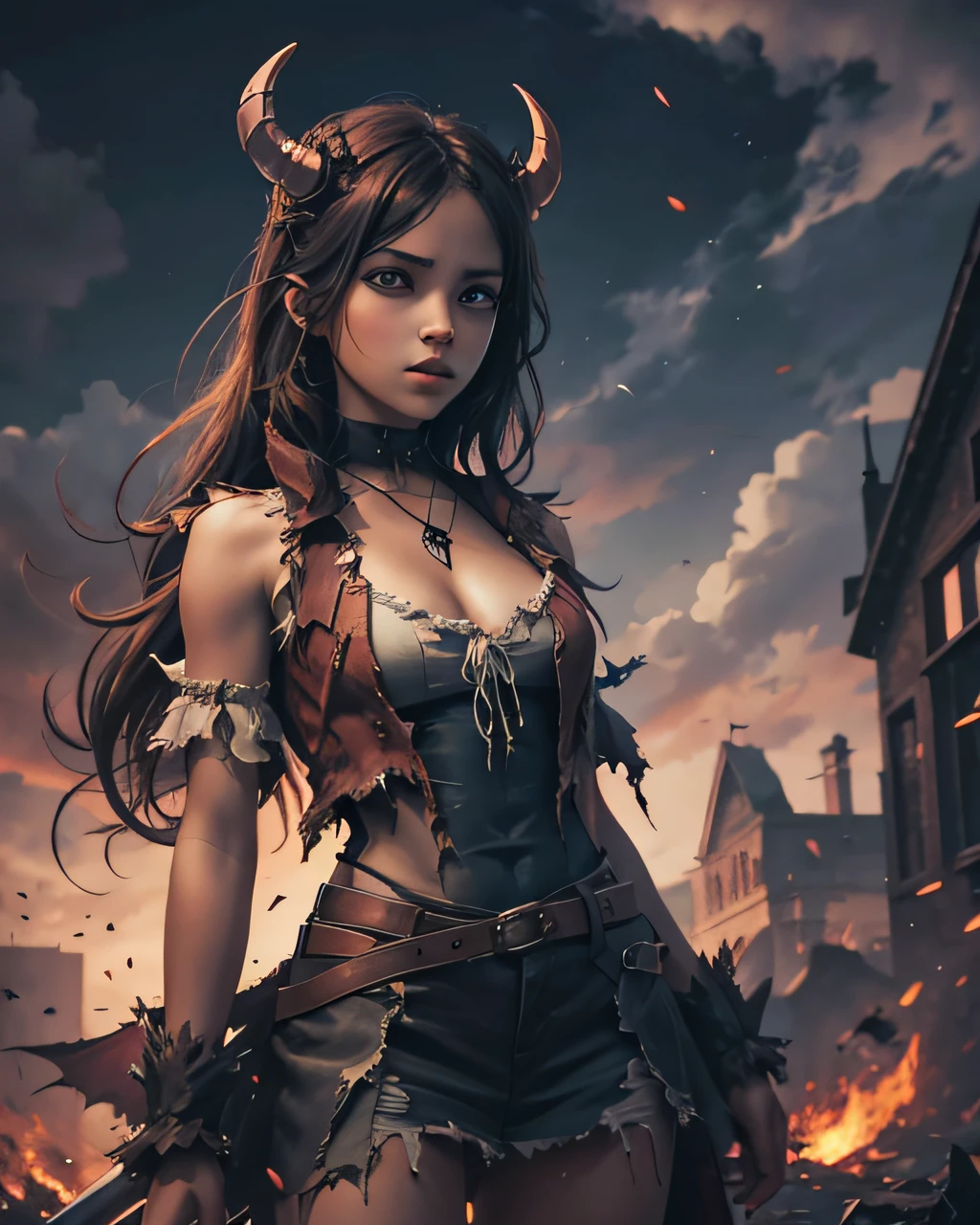 a demon girl with torn outfit decending from sky